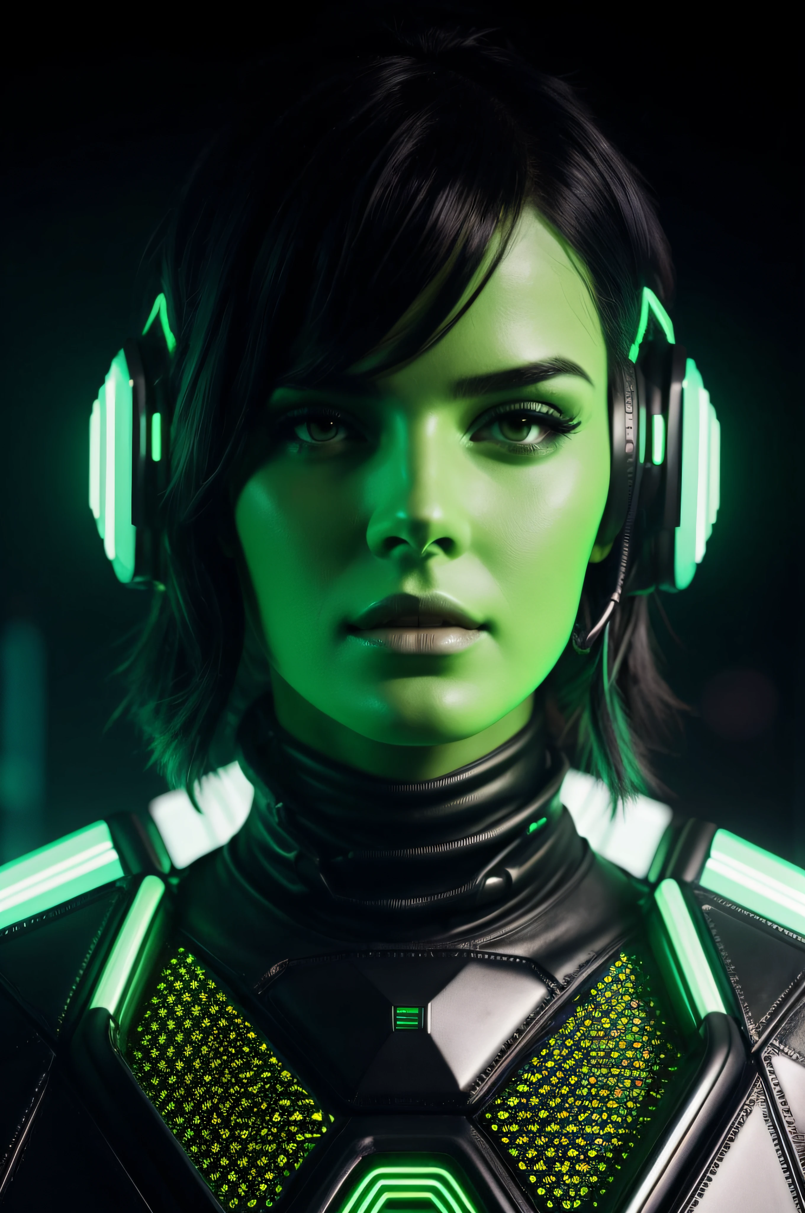 ebk in cyber neon lighting, futurism, intricate futuristic jewelry accessories, cyberpunk green  latex turtleneck, hyper photorealistic, crispy quality, digital photography, trending in artstation, trending in pinterest, cinematic, 4 k ultra hd, art by pascal blanche, art by greg ,rutkowski