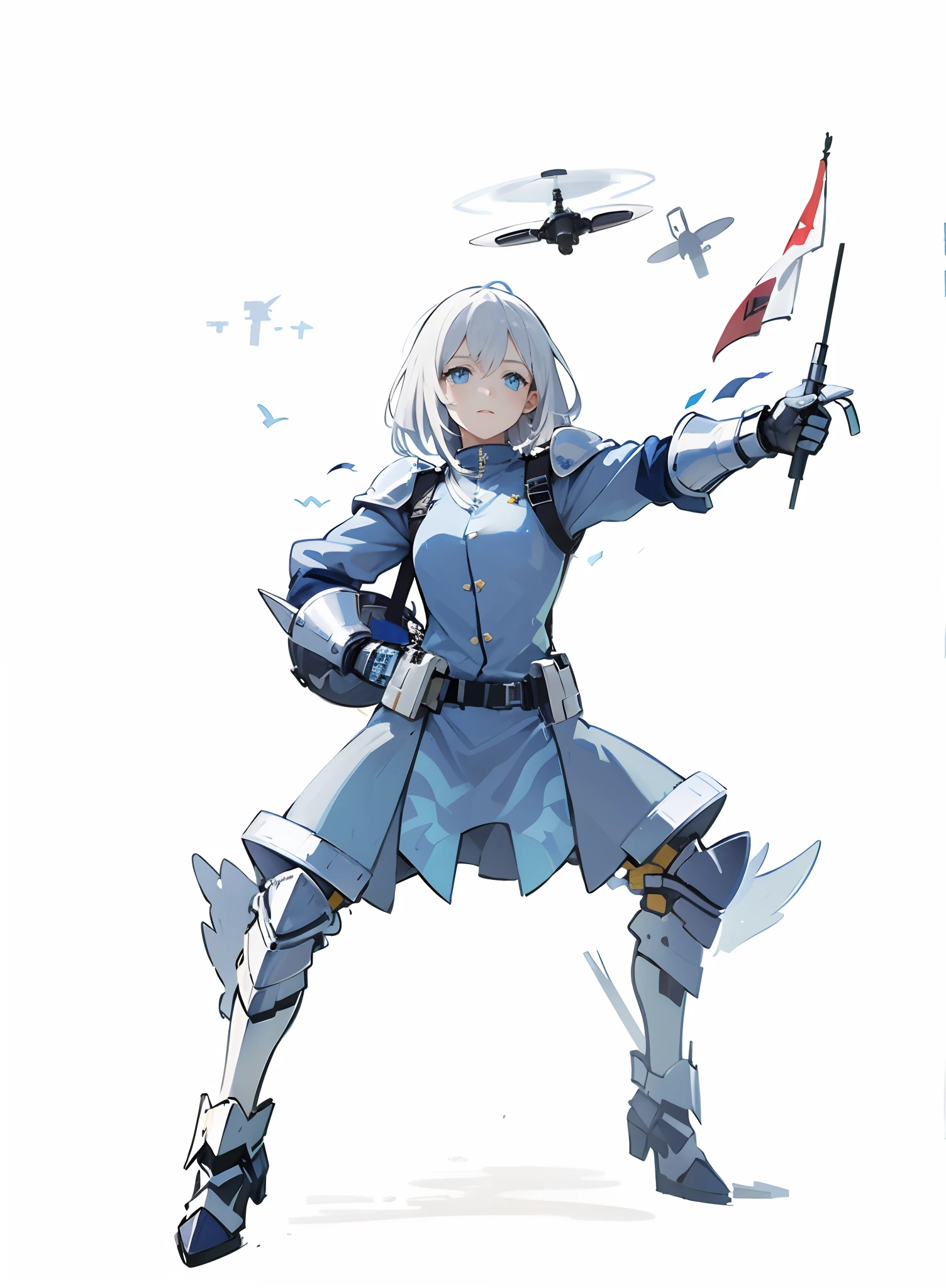 Knight white-haired girl in blue and white, Holding shields and flags, She has several drones by her side