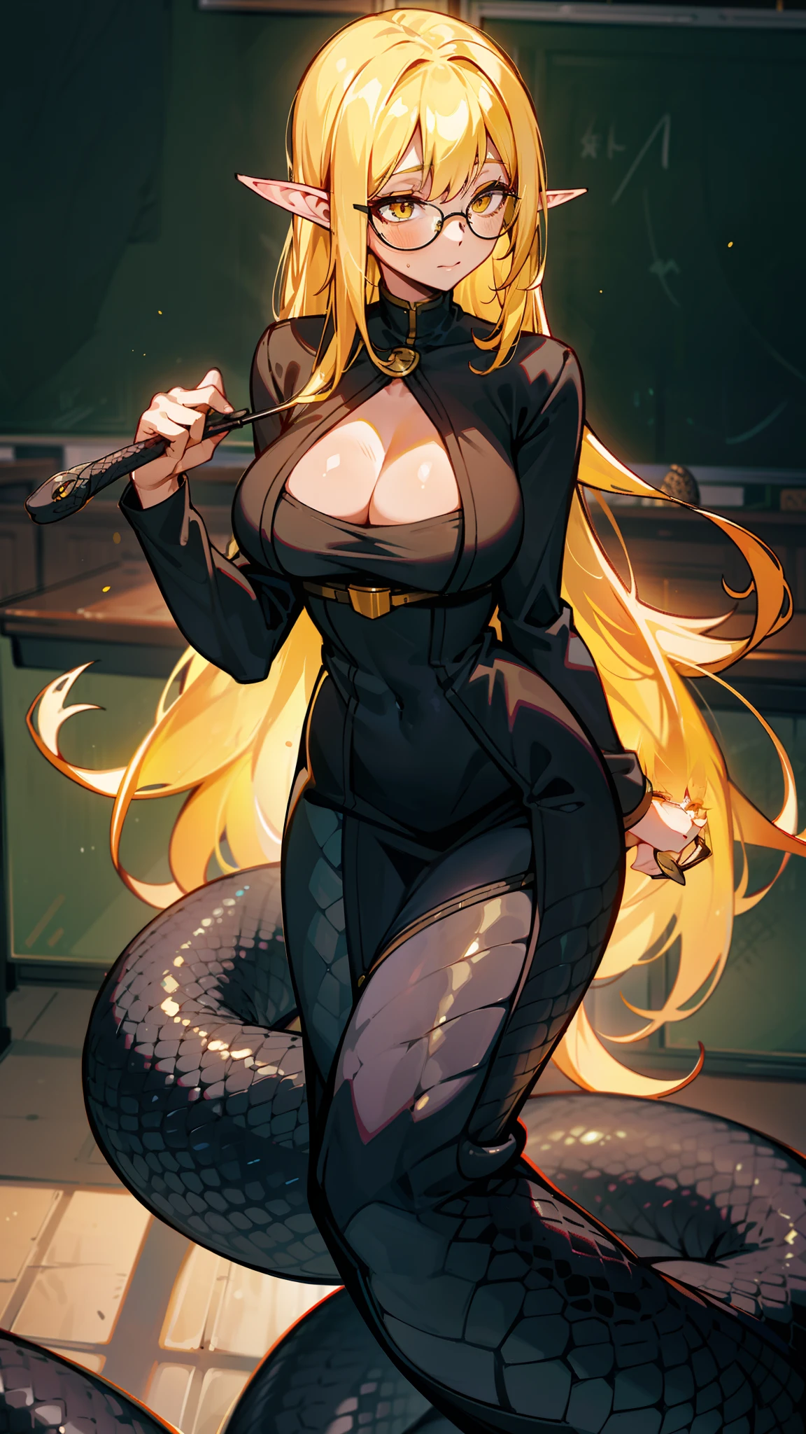 1woman,40 years old,teacher,glasses,solo,black teacher outfit,long hair,cleavage,half black lamia,yellow hair,classroom,standing,snake woman,realistic black snake scales,Shiny skin,medium breast,Caucasian elve ear,
