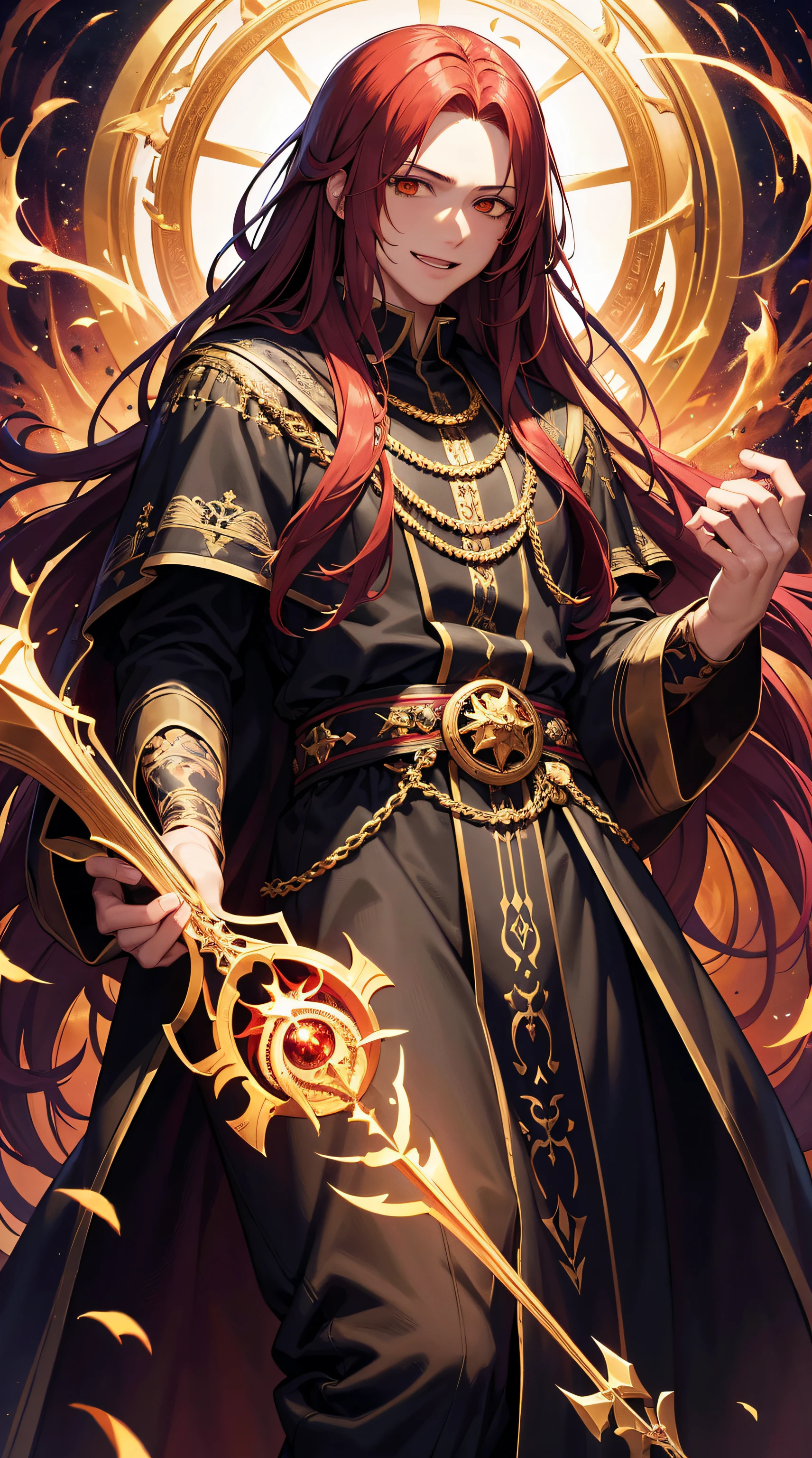 8k, masterpiece, illustration, detailed image, detailed clothing, detailed hair, expressive background, male, fluffy hair, adult, red long hair, golden eyes, dark robes, magus, necronomicon, tattoos, laughing, casting spell