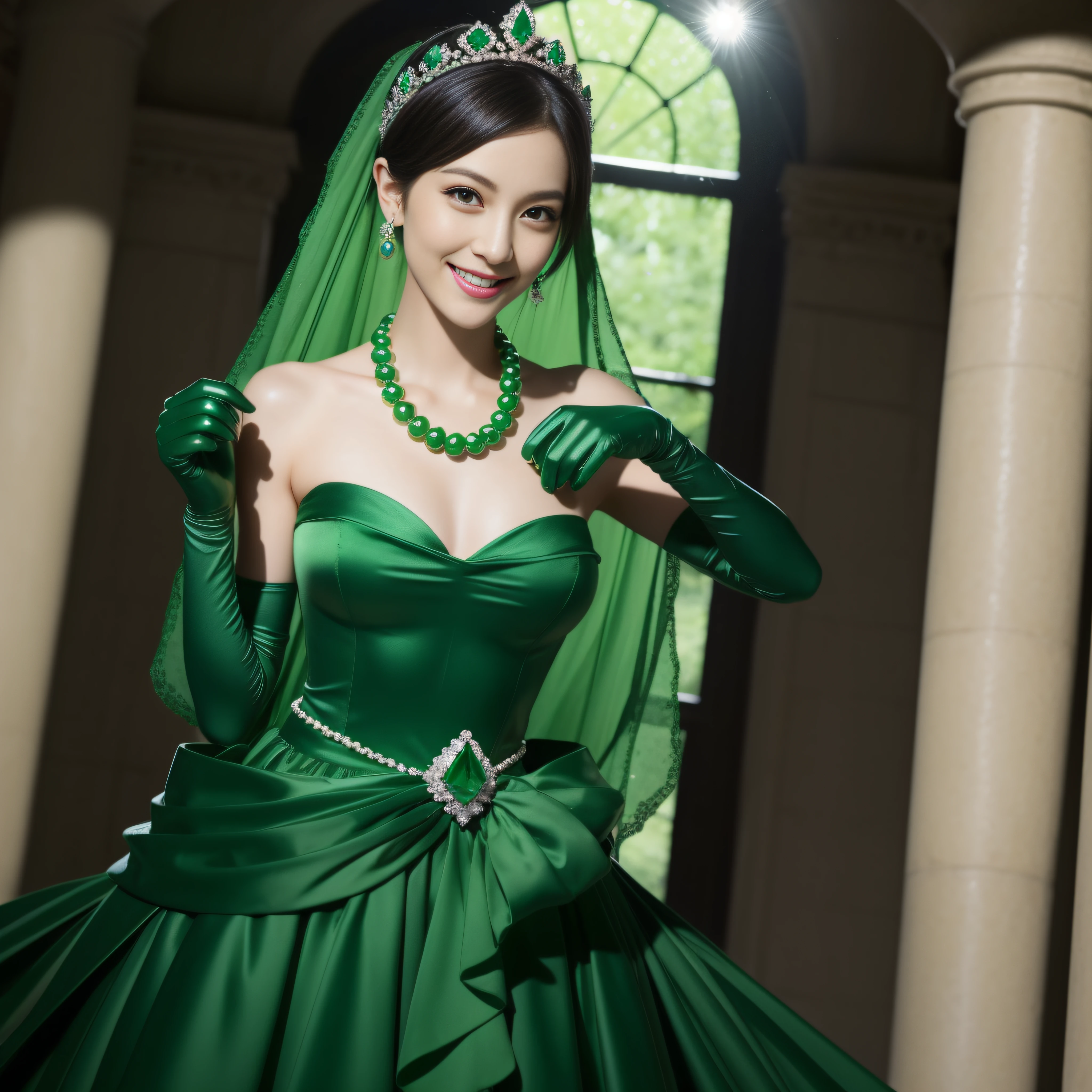 emerald tiara, Green Pearl Necklace, Boyish very short black hair, lipsticks, Japan woman smiling, very short short hair, big breasts beautiful, Green eyes, Long green gloves made of satin material, Green eyes, Emerald Earrings