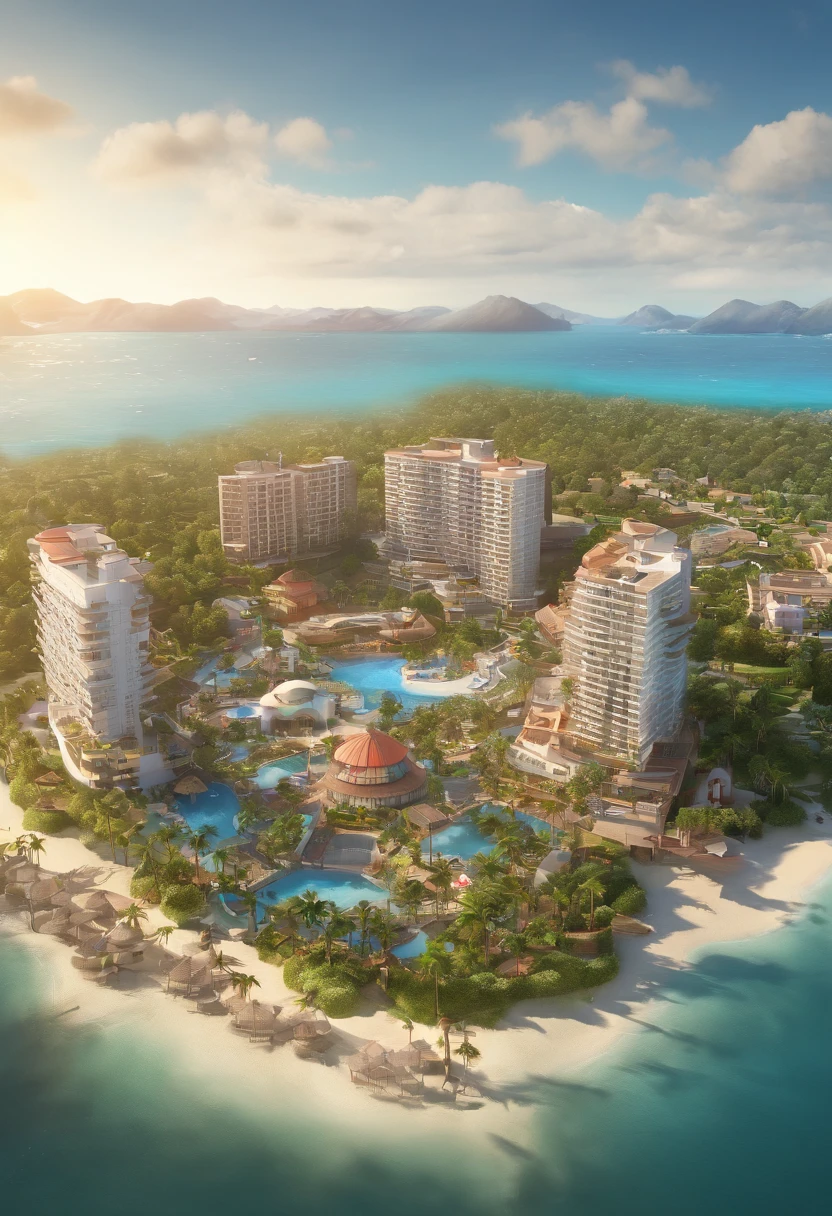 Isla tropical vista de frente toma aerea con un puerto un crucero un centro comercial y varios edificios de tipo resort