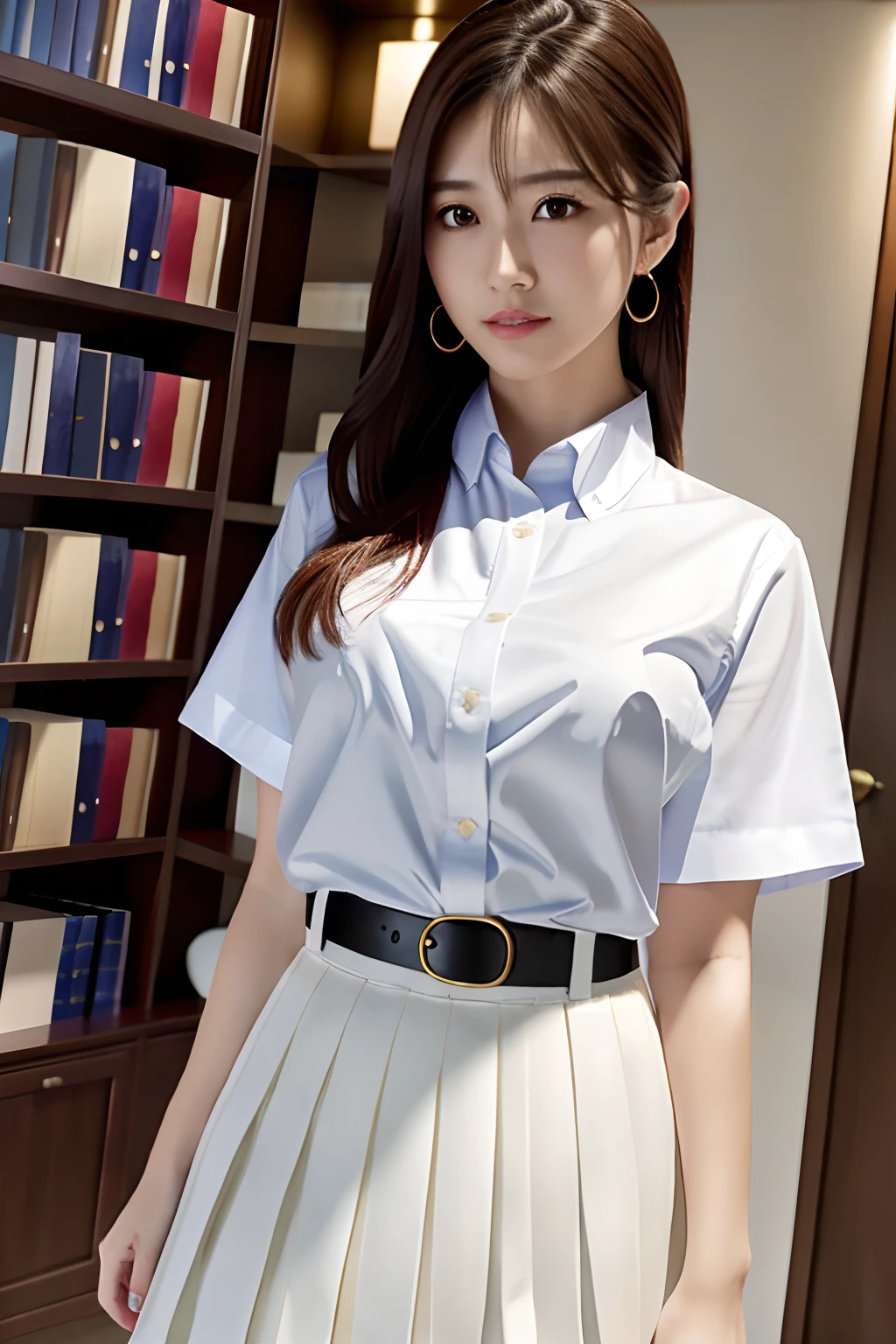 masterpiece、top-quality、超A high resolution、(Photorealsitic:1.4)、beautiful lighting、RAW Photography、8k UHD、hyperdetailed face、Realistic lightning、beautiful a girl、Sweet girl、((Wearing a white shirt and a long pleated skirt))、library、longshot、full of shyness、Hide your face behind a book、schools、校服
