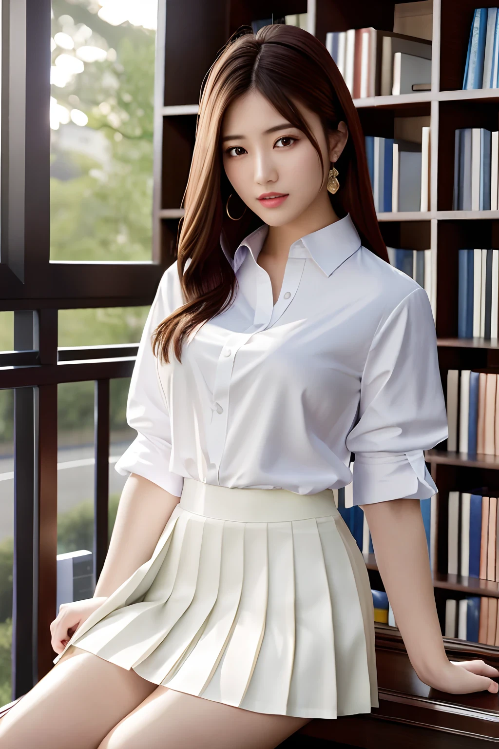 masterpiece、top-quality、超A high resolution、(Photorealsitic:1.4)、beautiful lighting、RAW Photography、8k UHD、hyperdetailed face、Realistic lightning、beautiful a girl、Sweet girl、((Wearing a white shirt and a long pleated skirt))、library、longshot、full of shyness、Hide your face behind a book、schools、校服