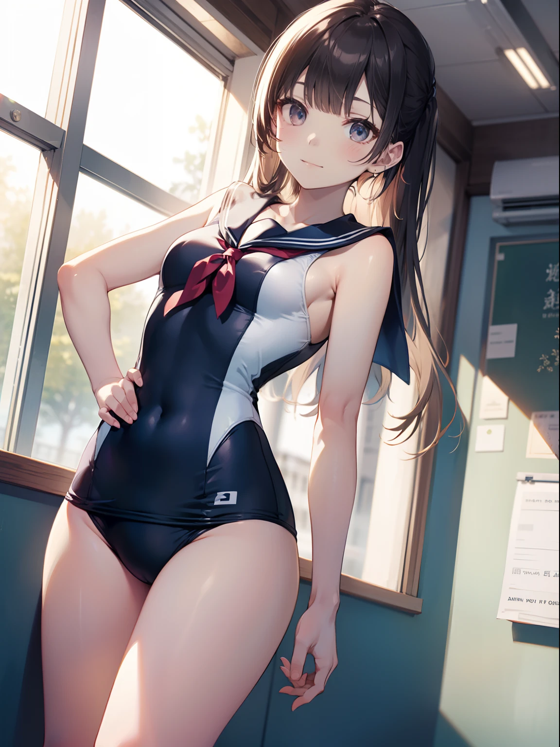 top-quality、Full limbs、complete fingers、Slender beauty、One、ssmile、embarassed expression、Sailor School Swimsuit、knee high、straighten your legs、Put your hands on your hips