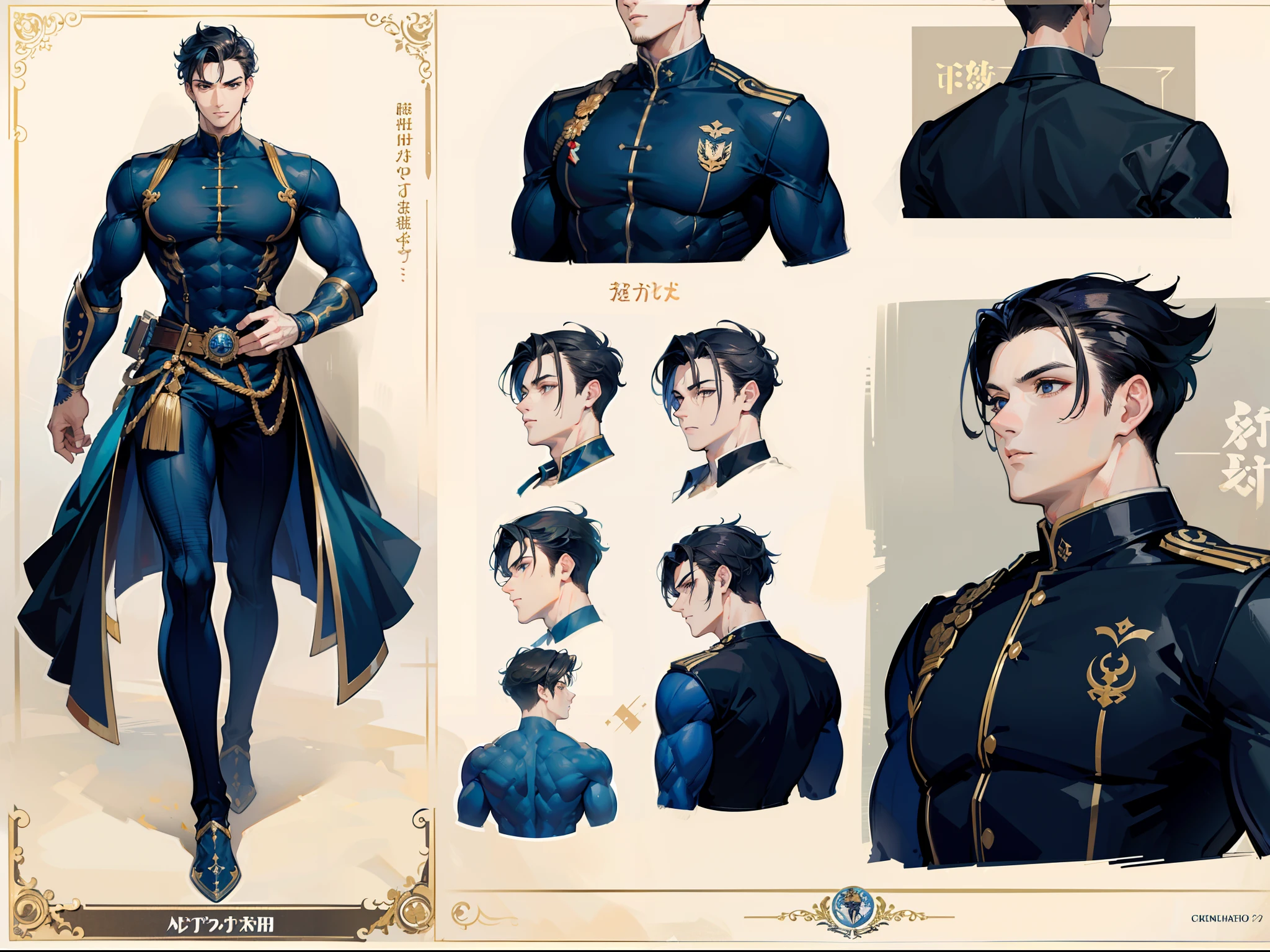 ((Masterpiece, Highest quality)), Detailed face, character design sheet， full bodyesbian, Full of details, frontal body view, back body view, Highly detailed, Depth, Many parts, Muscle boy with black hair，handsome man, navy, commander, man tall