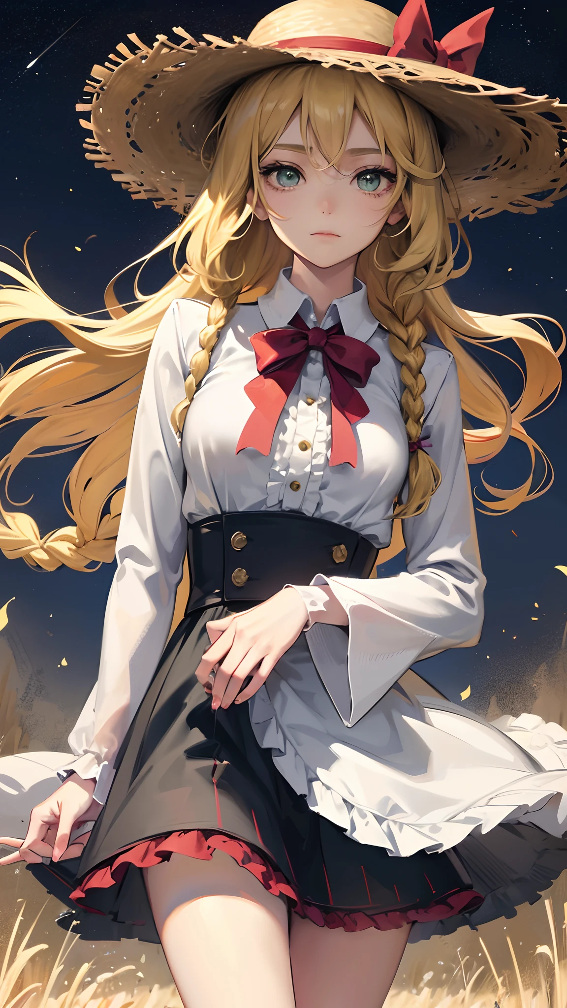 award winning , (anime style:1.0), 1girl, solo, (straw hat with flowers:1.1), star (symbol), (long blonde hair flowing in the breeze), soft smile, [((gorgeous green eyes))], (navy dress with white frill collar:0.8), [red bow], long sleeves, (single braid), red rose, looking at viewer, adorable, captivating, center frills, bowtie, bangs, closed mouth, hand touching wheat, (mature woman:1.59), beautiful (dark) night sky in a wheat field, ((at night)), (wind), (monochrome:1.2)