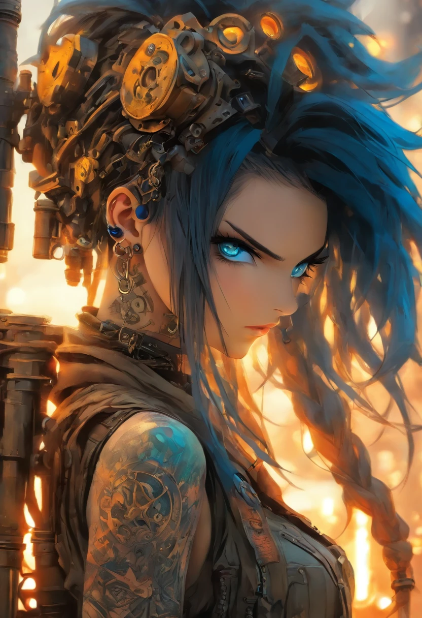 The most beautiful and sexy catgirl, blue hair, yellow eyes, highly detailed black leather outfit and leather boots, tattoos and piercings, perfect masterpiece, high quality, high resolution