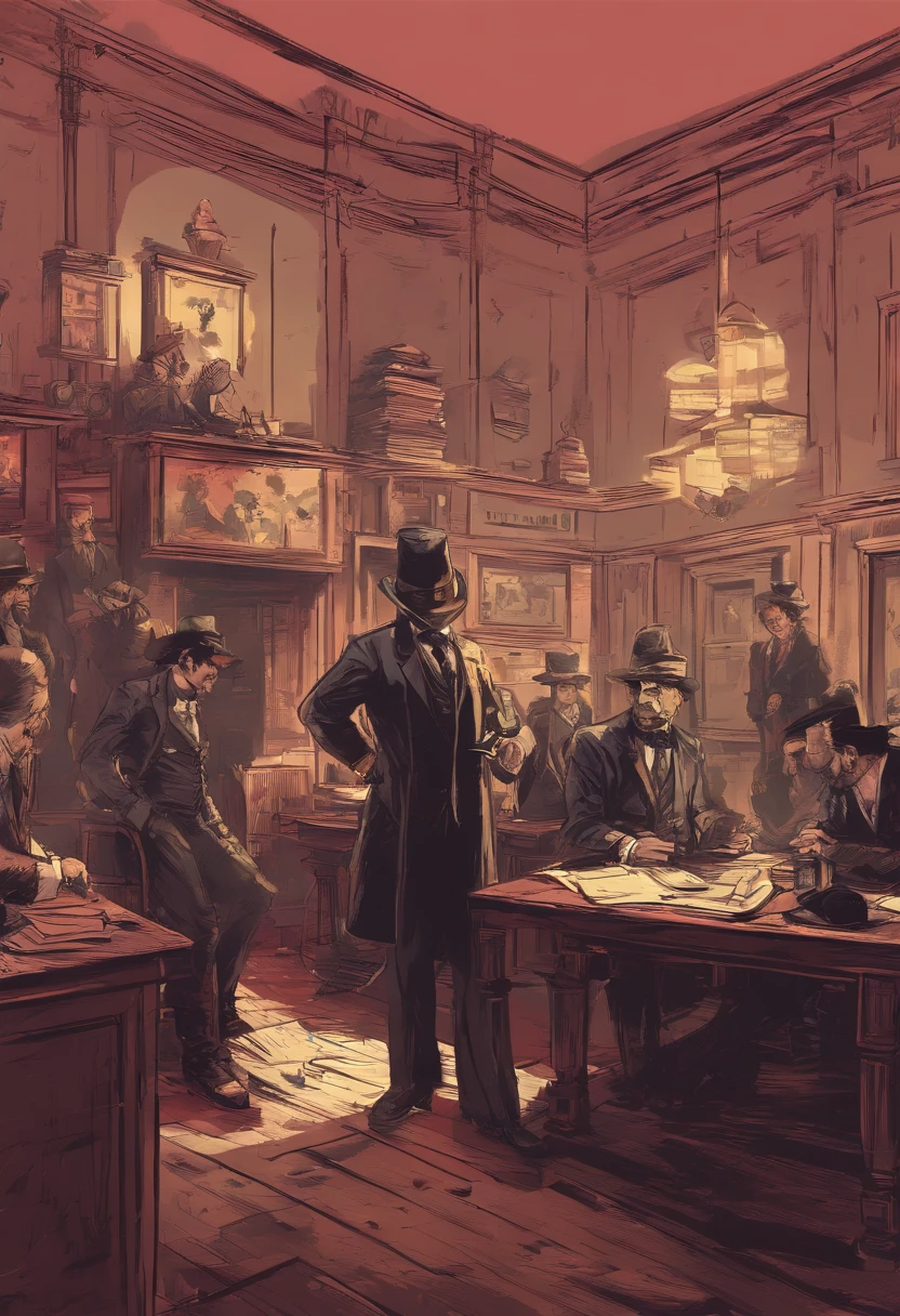 (Best Quality, 4K, hight resolution, masutepiece:1.2), (Realistic:1.37), Ultra-detailed, Red Dead Redemption 2 Art Style, Pinkerton Detective, Pinkerton detective in a suit, Western town of Saint-Denis in 1907, Dimly lit room, 6 Pinkerton agents standing around the table, Pinkerton Detective Agency, black suits.6 Pinkerton Detectives, 6 people,Interior Scene