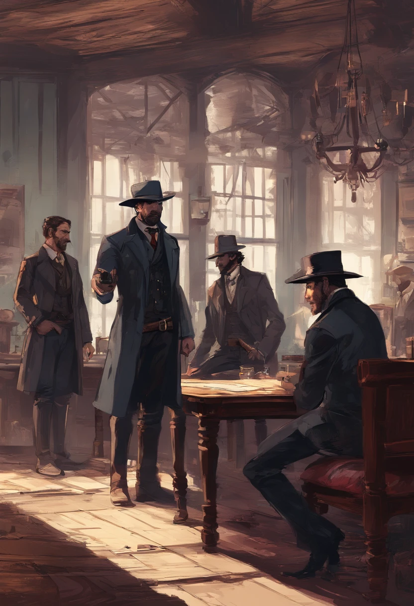 (best quality, 4k, highres, masterpiece:1.2), (realistic:1.37), ultra-detailed, Red Dead Redemption 2 art style, Pinkerton detective, Pinkerton detective in a suit, western town of Saint Denis in 1907, dimly lit room, six Pinkerton agents standing around a table, Pinkerton detective's office, black suits.six pinkerton detectives, 6men,interior scene