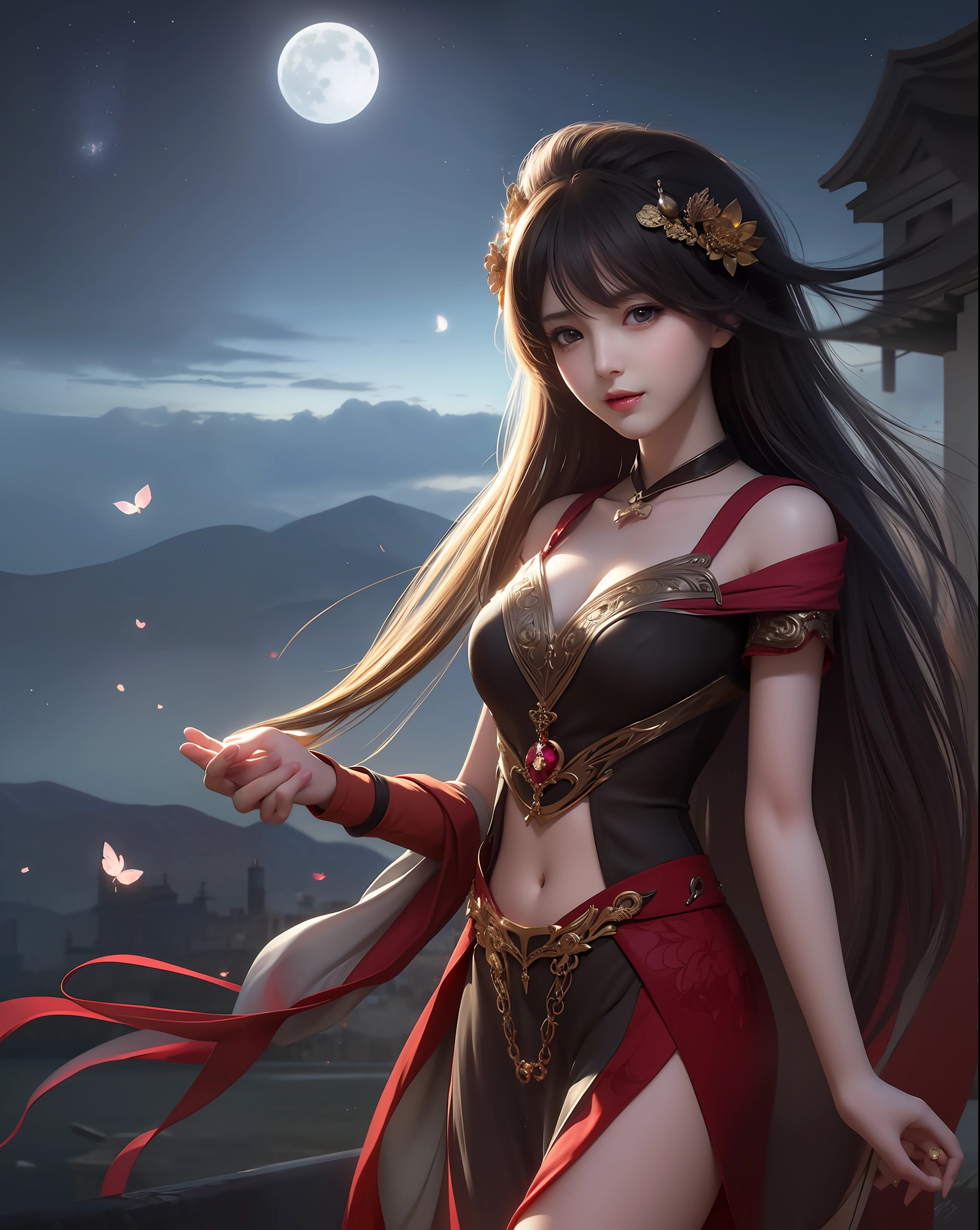 (8k, RAW photo:1.2), best quality, ultra high res,dramatic angle,(fluttered detailed color splashs), (illustration),(((1 girl))),(long hair),(rain:0.9), (头饰:1.4),少女身边有一座古宫,汉服,(重点),彩色水墨画,(泼彩),泼彩,(((colorful))),(素描:0.8) , Masterpiece, best quality, beautiful painted, highly detailed,(denoising:0.6),[splash ink],((ink refraction)), (beautiful detailed sky),moon,highly,detaild,(masterpiece, best quality, extremely detailed） CG unity 8k壁纸，杰作，最好的质量，超详细），（石蒜），