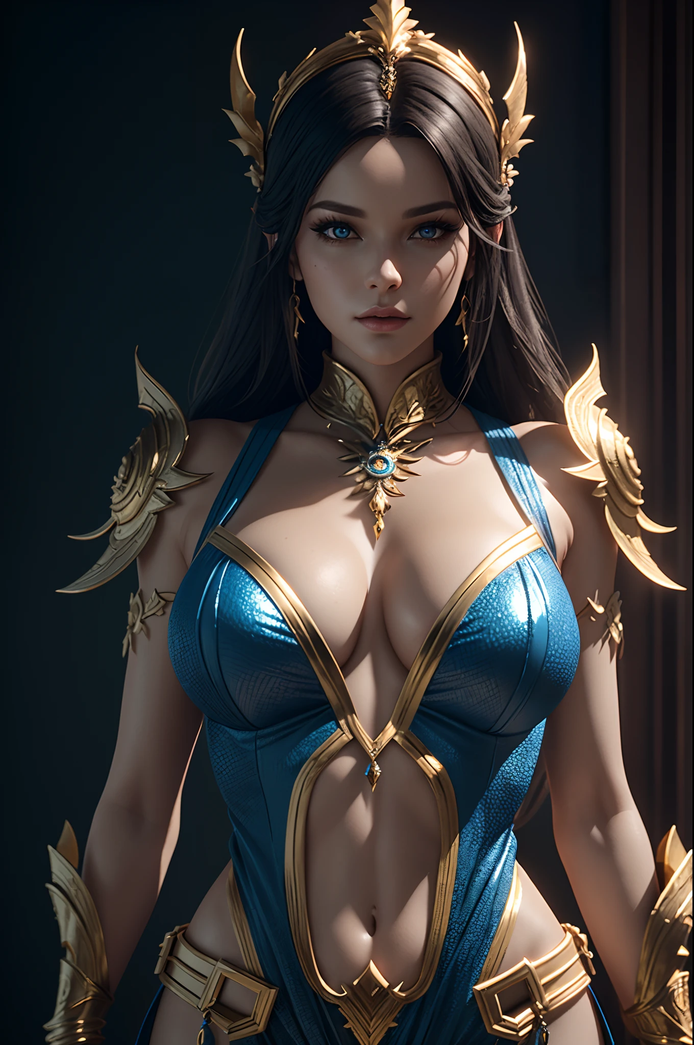 woman in a blue and gold outfit posing for a picture, hyperdetailed fantasy character, realistic fantasy render, 3 d render character art 8 k, elegant cinematic pose, cinematic goddess body shot, 8k high quality detailed art, unreal engine render + a goddess, super detailed render, (octane render) fantasy style, highly detailed soft lighting, 8 k sensual lighting