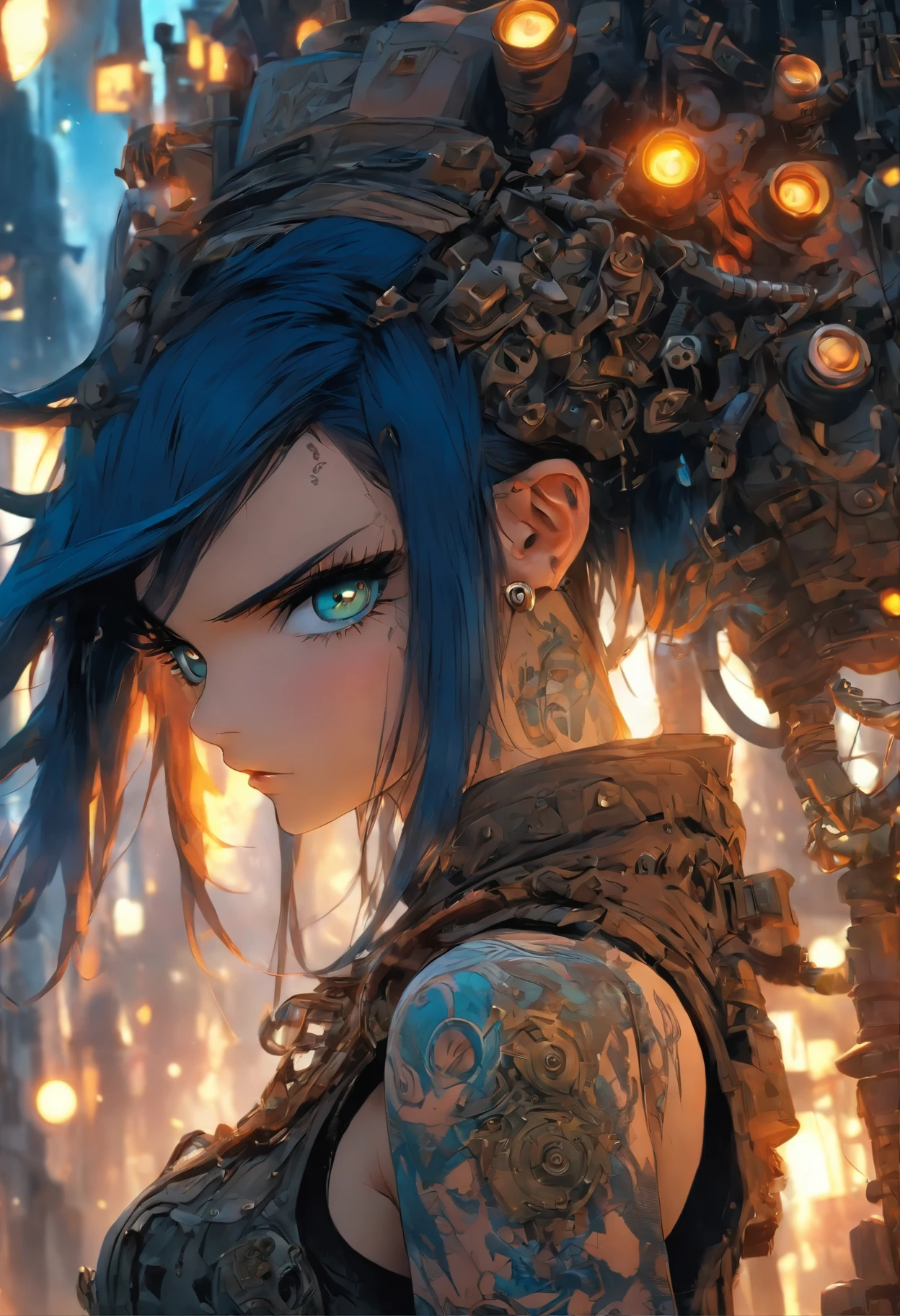 The most beautiful,The sexiest post-apocalyptic steampunk girl, Black hair, Blue eyes, Wear highly detailed steampunk tactical gear, Lots of tattoos and piercings, Shards of metal fluttering in the wind, post apocalyptic wasteland, highly detailed back ground, Perfect masterpiece, High quality, high resolution