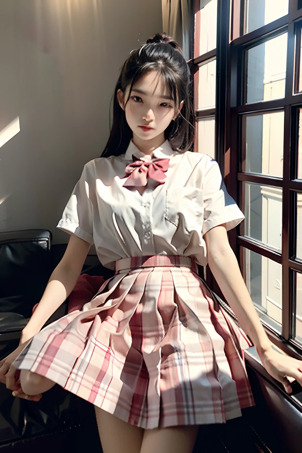 (Dark Scene、Soft lighting、a high chroma):1.4、Vibrant lighting、Seductive elegance、Depth of atmosphere、masterful technique、naturalistic representations、Harmonious composition、Creative sophistication、striking juxtapositions、
1girl in、22year old、laught、jk suit、white shirt、pink bowtie、Pink skirt
,((Sundown)),Volumetric fog, outside of house,schools