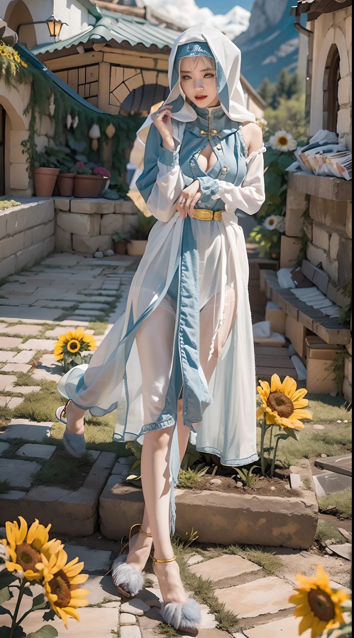 In a very grand scene,The extra-large wide-angle lens captures the appearance of a female centaur。She is a Sunflower Worship nun,Always opposed(Healing emoji smiley face of knitted sunflower puppet😊:99.99)DOA。She is tall,It has the ultimate curvy beauty,The muscles are slender and firm,Beautiful lines。She has(Super huge sky blue eyes:99.99)、always(Wearing sexy glasses:6.66)、(She wears solemn nun attire:9.9)、Stepping on a boot-style skyscraper-heel、A pink cross hangs on his chest。Use Midjourney's advanced tools,Designed for female centaurs(A knitted sunflower puppet and create a super healing cartoon smiley face in the center of the flower tray as a decoration:9.9),and noble and solemn nun costumes,and highlight her unique physiological characteristics and appearance details,Add realism。And in the context of her prayers and listening to confessions,Spectacular views of nature,Such as the sky where storms and sunny days alternate、Brilliant rivers of stars and auroras、The snow-capped summit of Mount Everest、Fireworks in the mountain town, etc。ao mesmo tempo,Away from the hustle and bustle next to the chapel,Create a fantastic scene。Use Midjourney's advanced tools and multiple color palettes、Brush Strokes、Texture tools and model packages,It shows a sense of atmosphere where beauty and charm coexist。The charm of the female centaur is highlighted through color and lines,Enhance realism with detailing,Create a surreal dreamy feeling。Additionally,Use Midjourney's tools to add various exorcism props and books to the female centaur、pergaminhos,Create intricate hairstyles and outfits,Give her a sense of premium。She never flinches,No matter what monster you encounter,can respond quickly,Even the most extreme armies of natural disasters and monsters could not stop her and her front(Sunflower with Tyndall effect that emits sunlight9.99)。Use Midjourney's powerful tools,You can do it with incredible detail and beauty,Bring this ultra-grand and beautiful scene to life。Ultra-grand sc