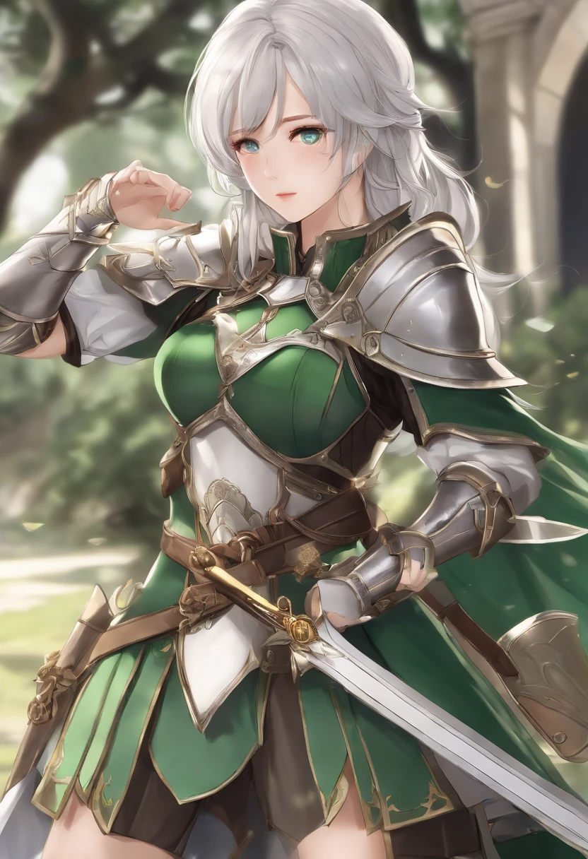 (8K,Best quality,style of anime)Silver-haired female knight,Green emerald pupils,Delicate facial features,The drawing style is similar to that of characters in anime,Full body like,with a pure white background,Character design,quadratic element,Include a small amount of introductory text,Three views of people