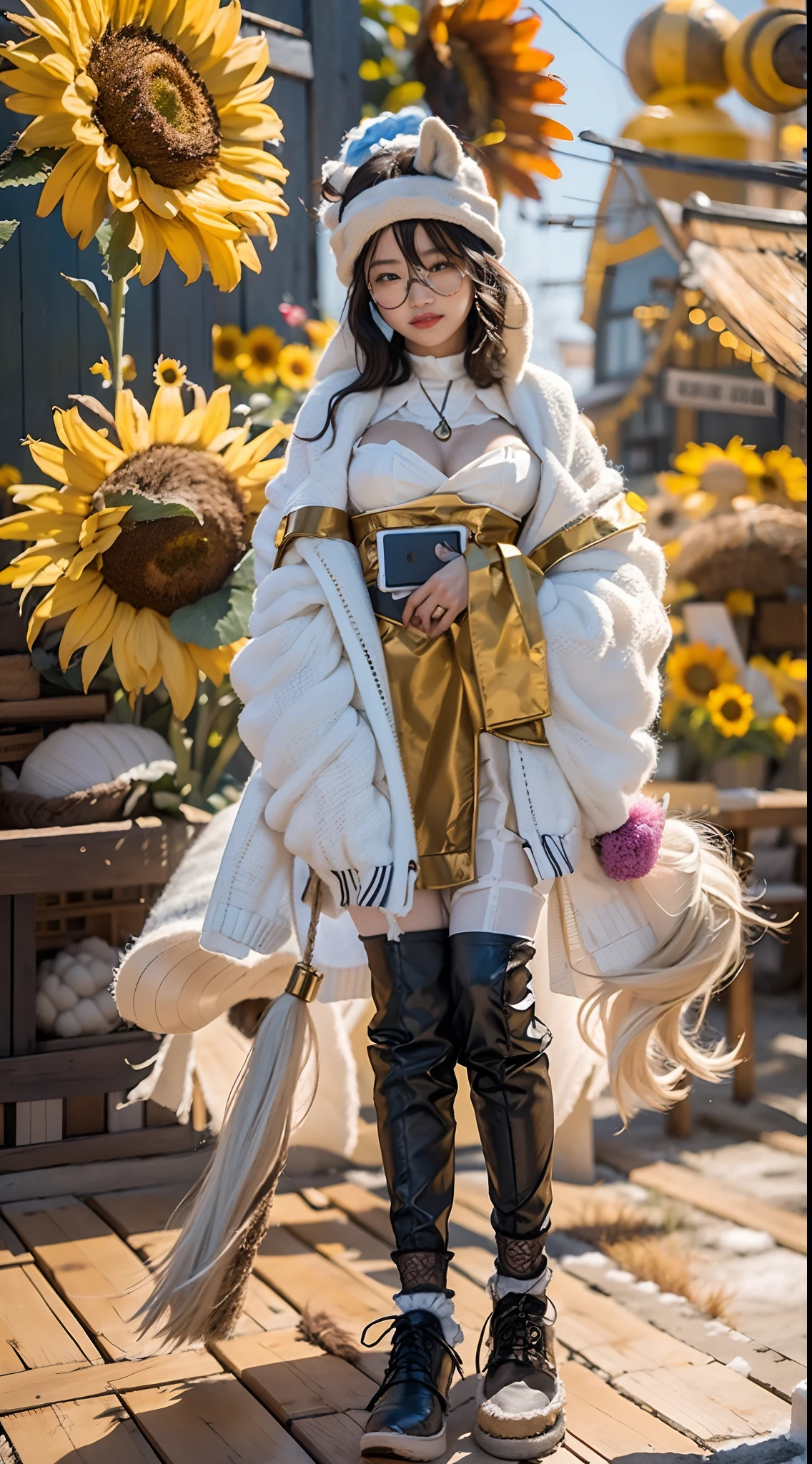 In a very grand scene，The extra-large wide-angle lens captures the appearance of a female centaur。She is a Sunflower Worship nun，Always opposed（Healing emoji smiley face of knitted sunflower puppet😊：99.99）DOA。She is tall，It has the ultimate curvy beauty，The muscles are slender and firm，Beautiful lines。She has（Super huge sky blue eyes：99.99）、always（Wearing sexy glasses：6.66）、（She wears solemn nun attire：9.9）、Stepping on a boot-style skyscraper-heel、A pink cross hangs on his chest。Use Midjourney's advanced tools，Designed for female centaurs（A knitted sunflower puppet and create a super healing cartoon smiley face in the center of the flower tray as a decoration：9.9），and noble and solemn nun costumes，and highlight her unique physiological characteristics and appearance details，Add realism。And in the context of her prayers and listening to confessions，Spectacular views of nature，Such as the sky where storms and sunny days alternate、Brilliant rivers of stars and auroras、The snow-capped summit of Mount Everest、Fireworks in the mountain town, etc。ao mesmo tempo，Away from the hustle and bustle next to the chapel，Create a fantastic scene。Use Midjourney's advanced tools and multiple color palettes、Brush Strokes、Texture tools and model packages，It shows a sense of atmosphere where beauty and charm coexist。The charm of the female centaur is highlighted through color and lines，Enhance realism with detailing，Create a surreal dreamy feeling。Additionally，Use Midjourney's tools to add various exorcism props and books to the female centaur、pergaminhos，Create intricate hairstyles and outfits，Give her a sense of premium。She never flinches，No matter what monster you encounter，can respond quickly，Even the most extreme armies of natural disasters and monsters could not stop her and her front（Sunflower with Tyndall effect that emits sunlight9.99）。Use Midjourney's powerful tools，You can do it with incredible detail and beauty，Bring this ultra-grand and beautiful scene to life。Ultra-grand sc