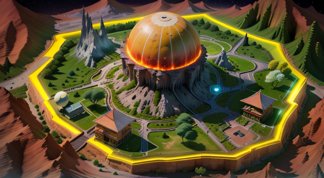 Alien hexagonal base (Very detailed) In a hexagonal mountainous oasis，There are several hexagonal exhaust fans and yellow chimneys, Some neon lights come out of the base to illuminate the dark place, (Extreme nights), Some clouds in the night sky, Some of the surrounding planets provide air to unknown planets，The farthest giant hexagonal volcano is erupting，the rainforest