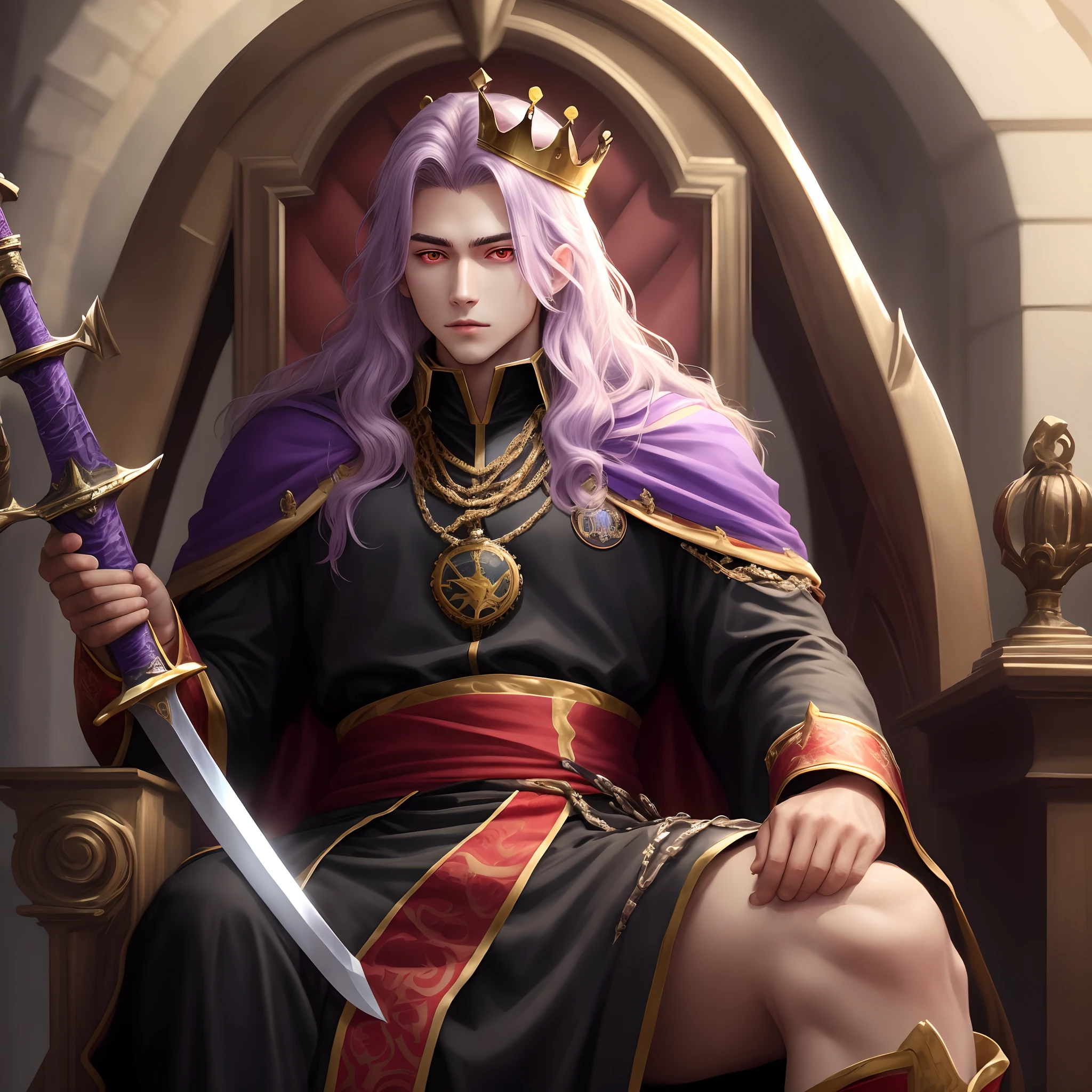 The king is sitting on his throne in black clothes and has red eyes and hair and is holding a purple sword