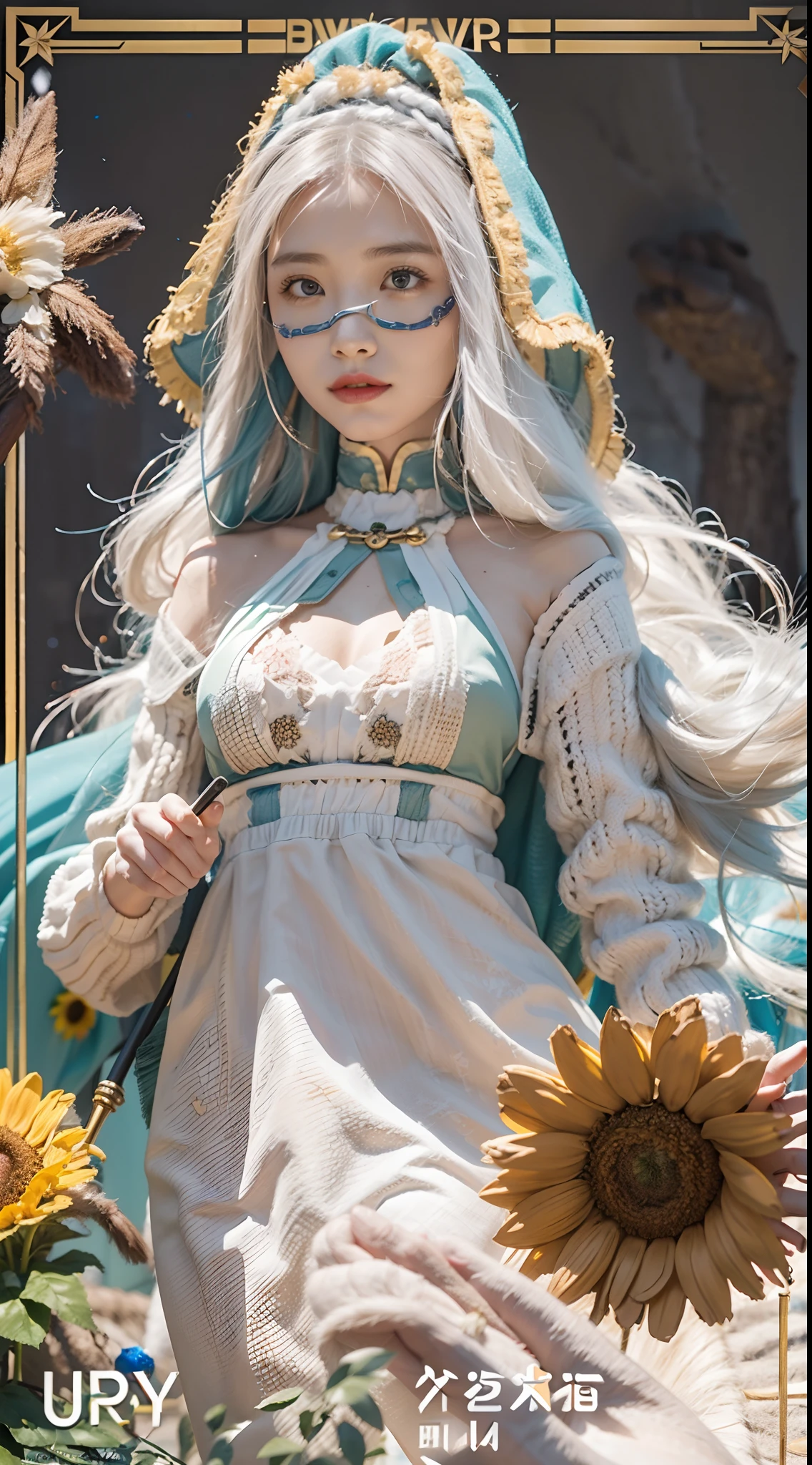 In a very grand scene,The extra-large wide-angle lens captures the appearance of a female centaur。She is a Sunflower Worship nun,Always opposed(Healing emoji smiley face of knitted sunflower puppet😊:99.99)DOA。She is tall,It has the ultimate curvy beauty,The muscles are slender and firm,Beautiful lines。She has(Super huge sky blue eyes:99.99)、always(Wearing sexy glasses:6.66)、(She wears solemn nun attire:9.9)、Stepping on a boot-style skyscraper-heel、A pink cross hangs on his chest。Use Midjourney's advanced tools,Designed for female centaurs(A knitted sunflower puppet and create a super healing cartoon smiley face in the center of the flower tray as a decoration:9.9),and noble and solemn nun costumes,and highlight her unique physiological characteristics and appearance details,Add realism。And in the context of her prayers and listening to confessions,Spectacular views of nature,Such as the sky where storms and sunny days alternate、Brilliant rivers of stars and auroras、The snow-capped summit of Mount Everest、Fireworks in the mountain town, etc。ao mesmo tempo,Away from the hustle and bustle next to the chapel,Create a fantastic scene。Use Midjourney's advanced tools and multiple color palettes、Brush Strokes、Texture tools and model packages,It shows a sense of atmosphere where beauty and charm coexist。The charm of the female centaur is highlighted through color and lines,Enhance realism with detailing,Create a surreal dreamy feeling。Additionally,Use Midjourney's tools to add various exorcism props and books to the female centaur、pergaminhos,Create intricate hairstyles and outfits,Give her a sense of premium。She never flinches,No matter what monster you encounter,can respond quickly,Even the most extreme armies of natural disasters and monsters could not stop her and her front(Sunflower with Tyndall effect that emits sunlight9.99)。Use Midjourney's powerful tools,You can do it with incredible detail and beauty,Bring this ultra-grand and beautiful scene to life。Ultra-grand sc
