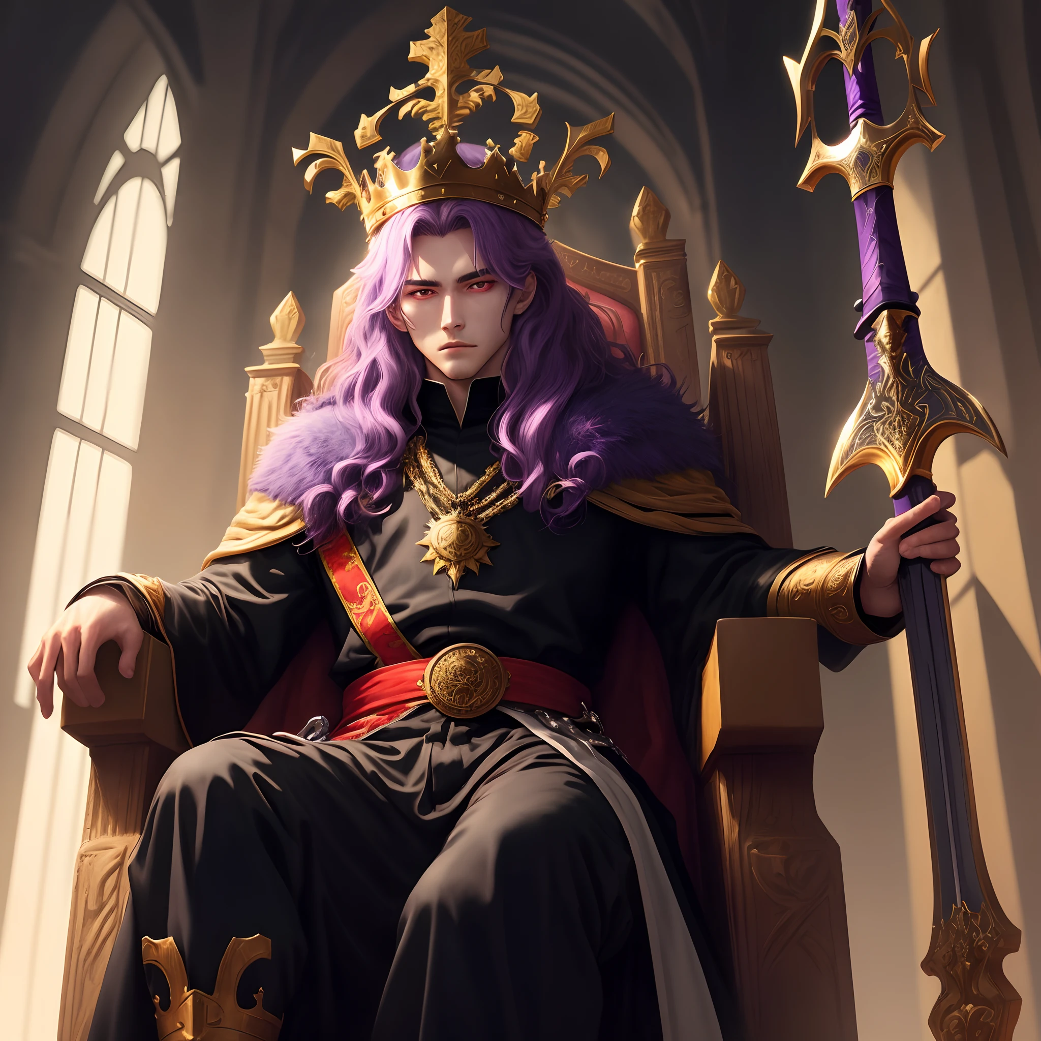 The king is sitting on his throne in black clothes and has red eyes and hair and is holding a purple sword