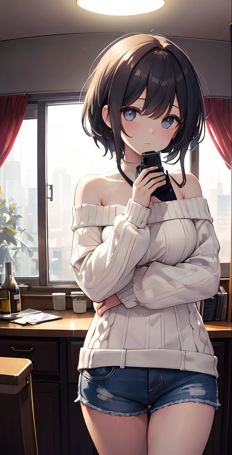 Big breasts, (master piece), best quality, extremely detailed, (Watercolor), bloom, delicate and beautiful, illustration, (bottom), (1girl:1.4), (alone:1.2), big breasts, (ribbed sweater :1.3), off-the-shoulder sweater, (short shorts:1.2), bare shoulders, (Lower Chest), ((dark skin:0.8)), Beautiful eyes, (disheveled hair), photography, over-the-shoulder shot, Direction : Alex Maleev, professional, Camera Canon, nikon camera, sharp, Bokeh, studio quality, fisheye lens, Director: Robert Capa
