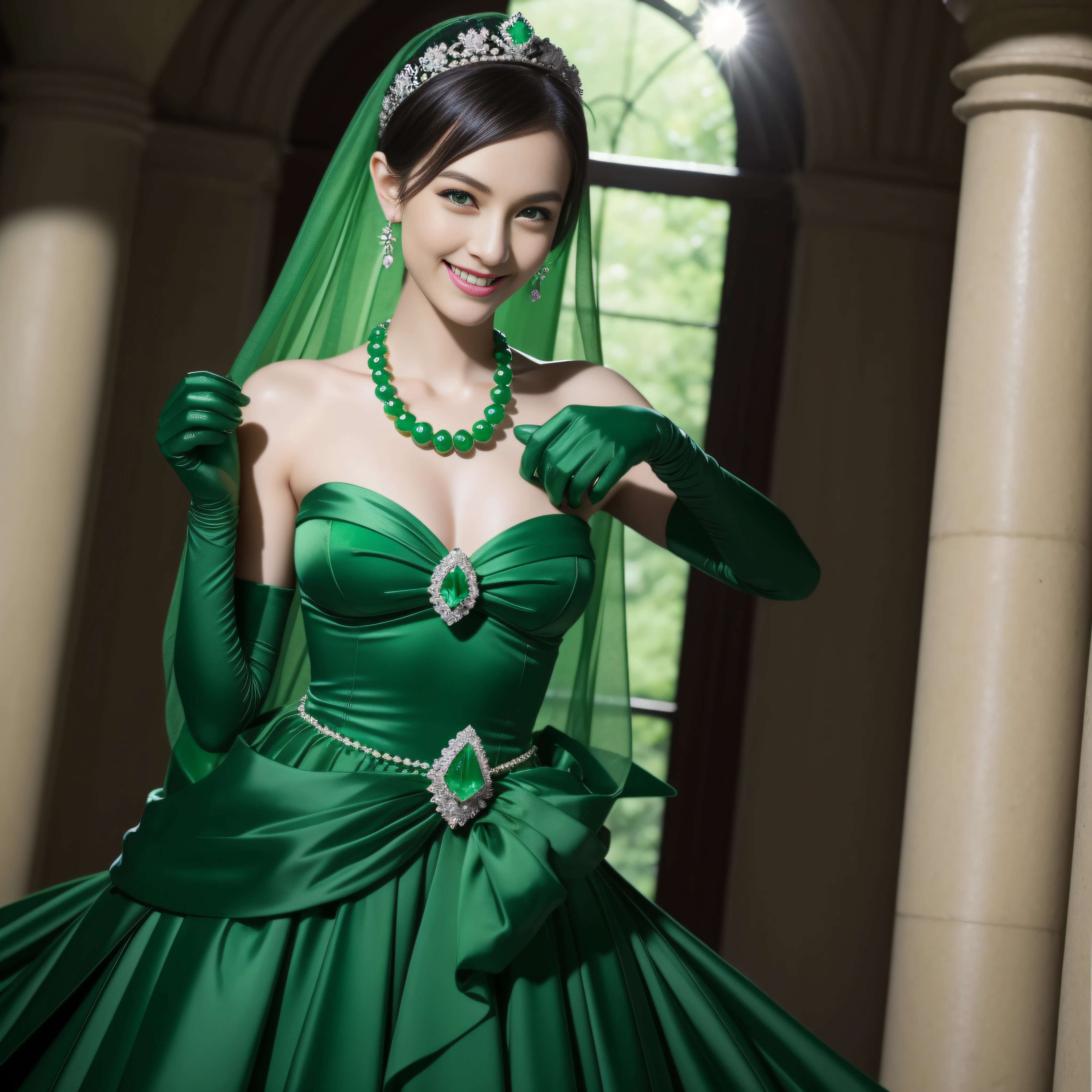 emerald tiara, Green Pearl Necklace, Boyish very short black hair, lipsticks, Japan woman smiling, very short short hair, big breasts beautiful, Green eyes, Long green gloves made of satin material, Green eyes, Emerald Earrings