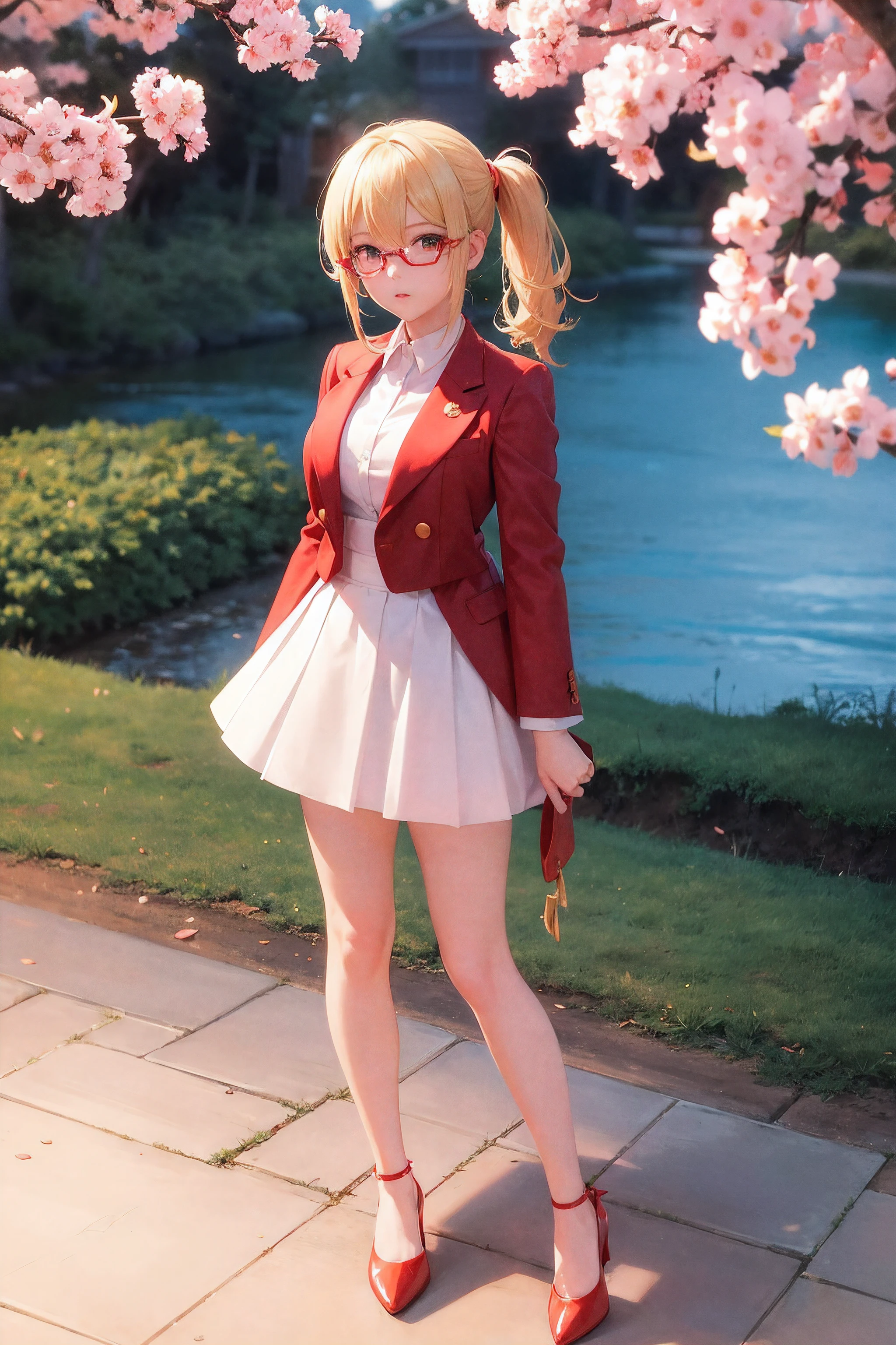 1 Anime Girl, Blonde hair Pony, cheerish eyes, Red Spects, white shirt, Red Blazer, Red Skirt, Full body, Red Heels, Looking at Viewer, Sunset, River, Grass, Cherry blossom, masterpiece