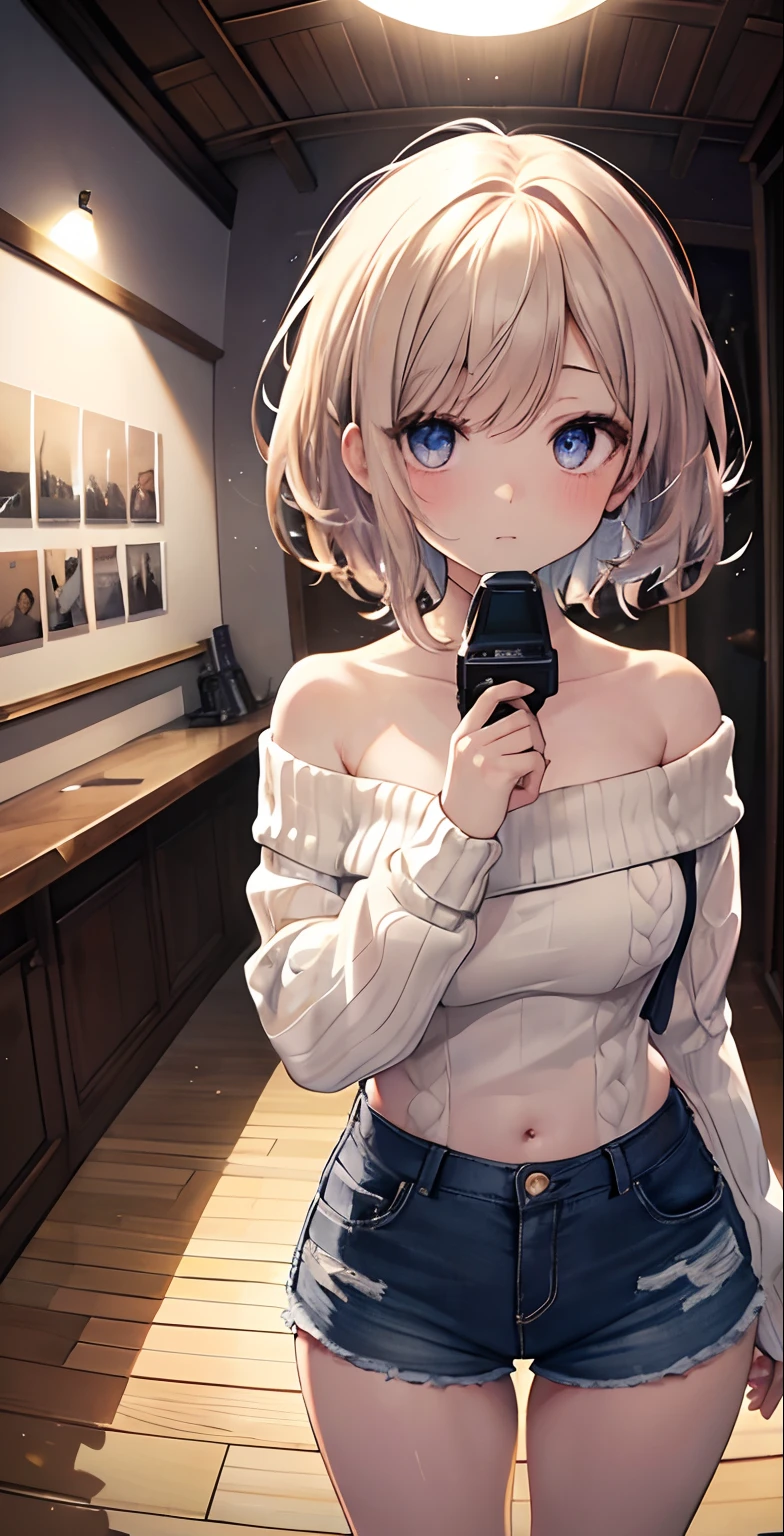 Big breasts, (master piece), best quality, extremely detailed, (Watercolor), bloom, delicate and beautiful, illustration, (bottom), (1girl:1.4), (alone:1.2), big breasts, (ribbed sweater :1.3), off-the-shoulder sweater, (short shorts:1.2), bare shoulders, (Lower Chest), ((dark skin:0.8)), Beautiful eyes, (disheveled hair), photography, over-the-shoulder shot, Direction : Alex Maleev, professional, Camera Canon, nikon camera, sharp, Bokeh, studio quality, fisheye lens, Director: Robert Capa
