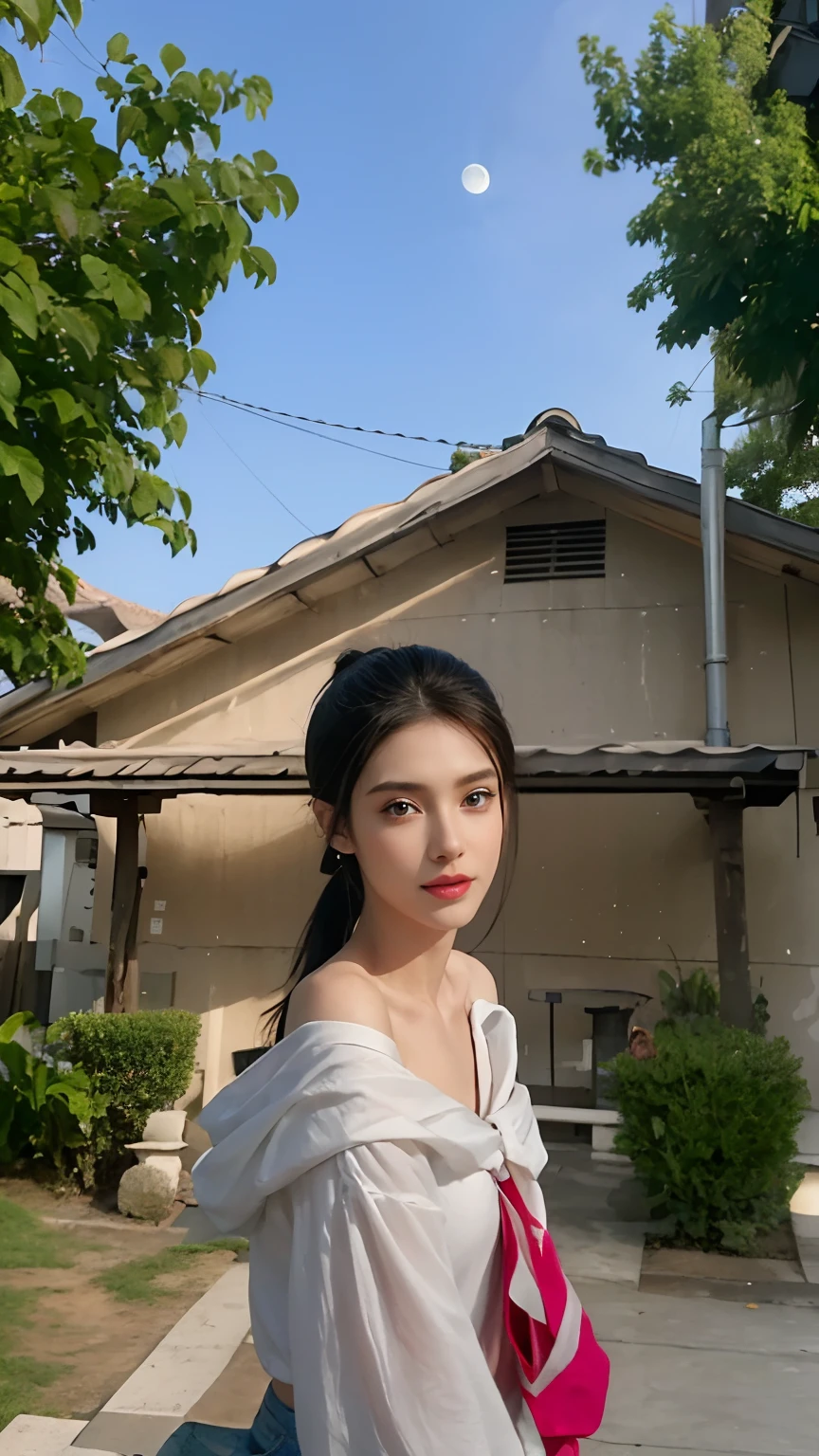 8K, Top Quality, Intricate Details, Ultra Detail, Ultra High Resolution, Masterpiece, random angle, Slender, Smile, (Makeup: 0.4), (Fluffy Blue Eyes: 1.21), blue Eyes,, ((full body)), 1girl, solo, 1 girl, (( full body)), close-up shot, sitting, on side , , ((tall)), (((fit body))), (((slim face))), sharp face, sharp eyes, (((black hair, long hair, high ponytail )) (detailed face), sharp face, small lips, thin lips,
(( Bermuda shorts )), detailed face, detailed breast, , large breast, detail, , Beautiful girl with accentuated slender abs: 1.4, Six Pack Abs: 1.4, Bust Botox, Big, Perfect Body, detail leg, (( moonlight)), top of mountain