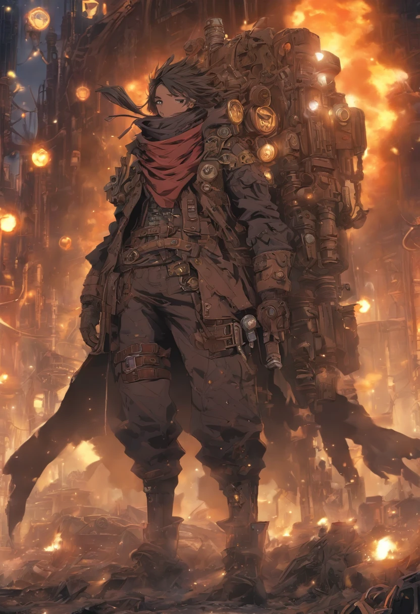 Post-apocalyptic steampunk,Highly detailed steampunk tactical gear, Pieces of metal flutter in the wind, post apocalyptic wasteland, highly detailed back ground, Perfect masterpiece, High quality, high resolution