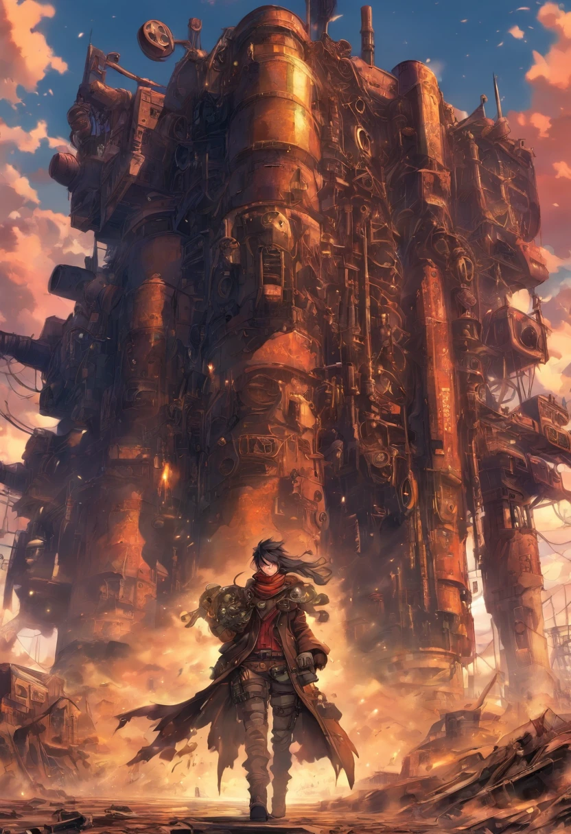 Post-apocalyptic steampunk,Highly detailed steampunk tactical gear, Pieces of metal flutter in the wind, post apocalyptic wasteland, highly detailed back ground, Perfect masterpiece, High quality, high resolution