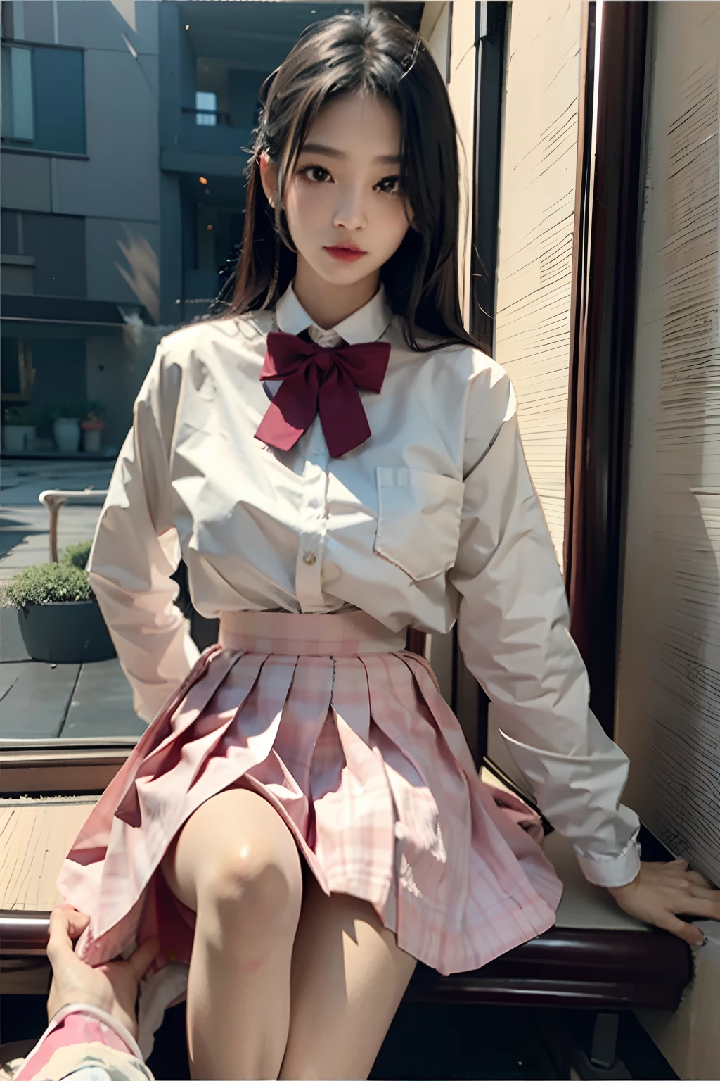(Dark Scene、Soft lighting、a high chroma):1.4、Vibrant lighting、Seductive elegance、Depth of atmosphere、masterful technique、naturalistic representations、Harmonious composition、Creative sophistication、striking juxtapositions、
1girl in、22year old、laught、jk suit、white  shirt、pink bowtie、Pink skirt
,((Sundown)),Volumetric fog, outside of house,large full breasts