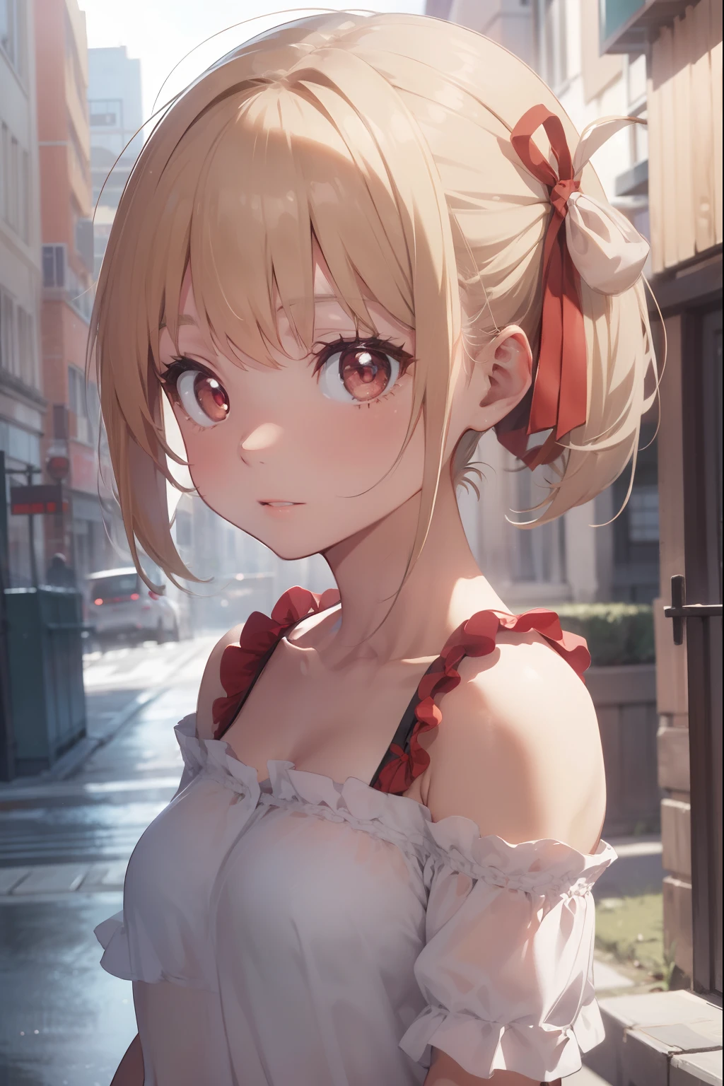 chisatonishikigi, nishikigi chisato, short hair, bangs, blonde hair, (red eyes:1.5), hair ribbon, one side up, bob cut,
BREAK shirt, bare shoulders, twintails, collarbone, hair ribbon, white shirt, frills, off shoulder, red ribbon, short twintails, off-shoulder shirt, frilled shirt,
BREAK outdoors, city,
BREAK looking at viewer, BREAK (masterpiece:1.2), best quality, high resolution, unity 8k wallpaper, (illustration:0.8), (beautiful detailed eyes:1.6), extremely detailed face, perfect lighting, extremely detailed CG, (perfect hands, perfect anatomy),