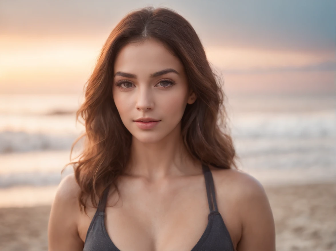 photography of a stunning girl, wearing a low cut top, (((very heavy bust))), wavy hair, doing yoga, beside the beach, looks into the camera, symmetrical eyes, symmetrical face, photorealistic, photography, path tracing, specular lighting, volumetric face light, path traced hair, visible shadows, intricate, elaborate, hyper realistic