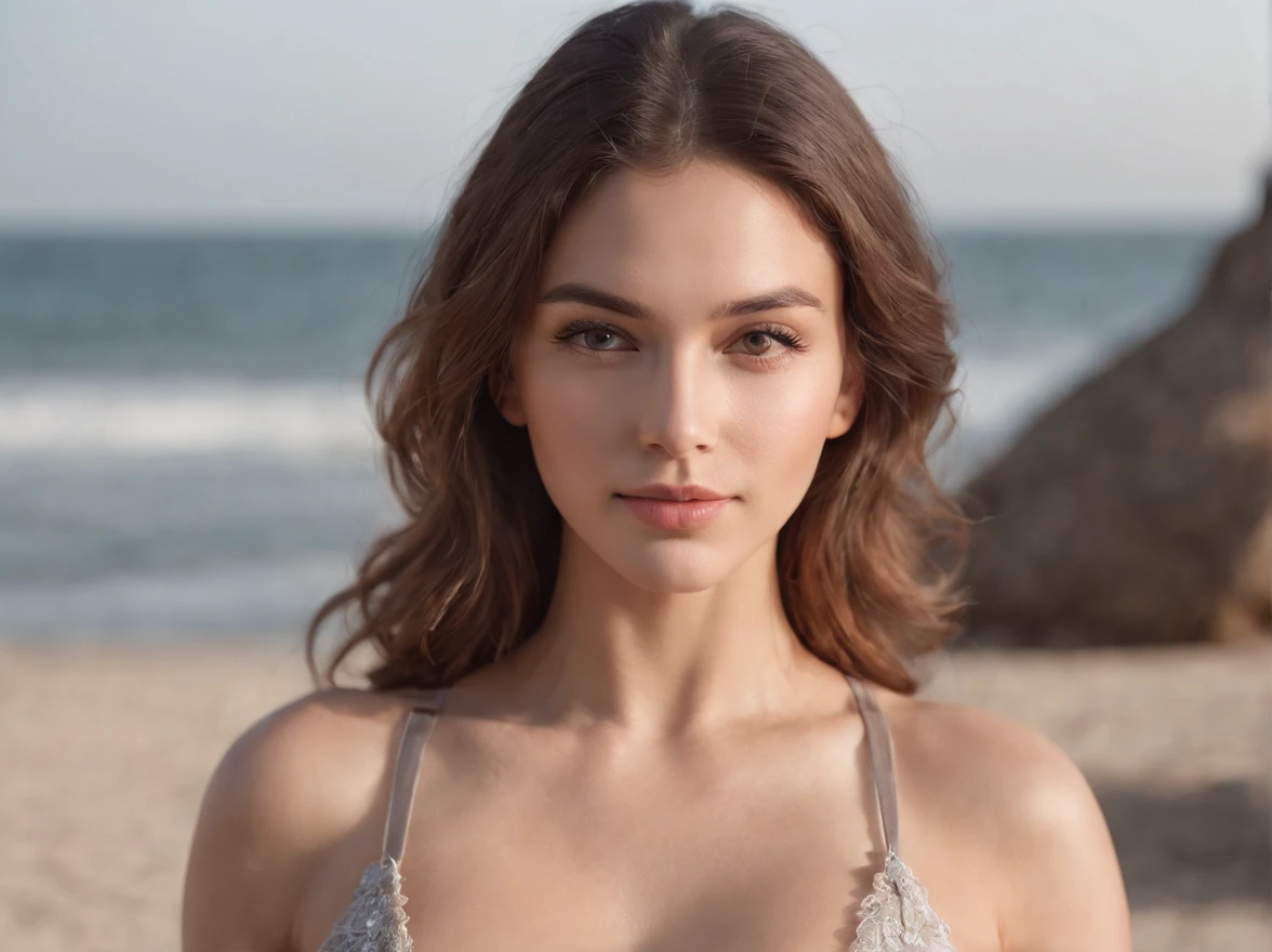 photography of a stunning girl, wearing a low cut top, (((very heavy bust))), wavy hair, doing yoga, beside the beach, looks into the camera, symmetrical eyes, symmetrical face, photorealistic, photography, path tracing, specular lighting, volumetric face light, path traced hair, visible shadows, intricate, elaborate, hyper realistic