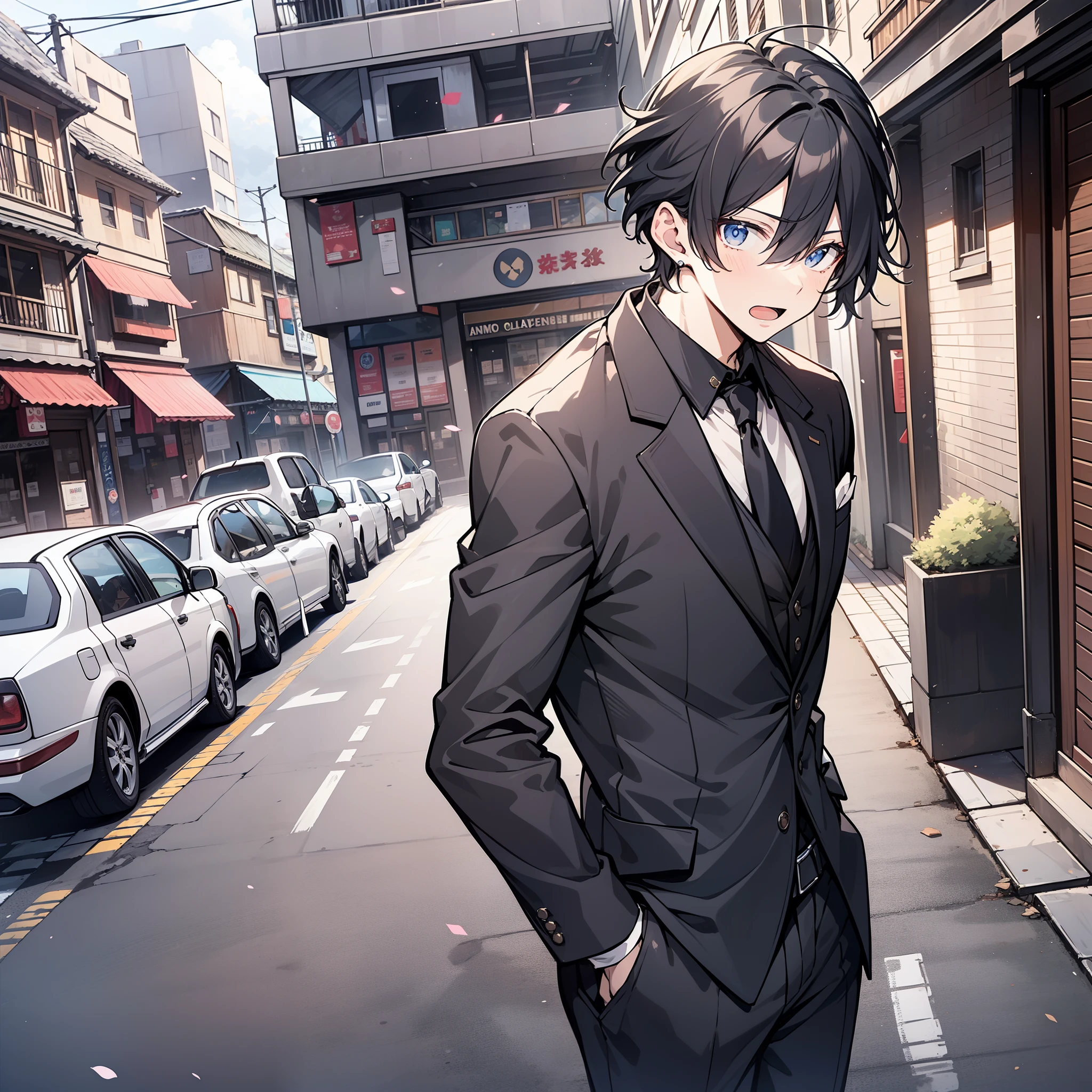 30 years old anime mature man，Short black hair 1.5，wearing black suits，Standing on the street with a surprised expression（Open mouth 1.5）（Background village on the street of the town：1.5），Anime style 4K，Anime rendering，style of anime，8K fineness，（Upper body display：1.5）（Cinematic lighting：1.5）（Handsome anime boy 1.5）