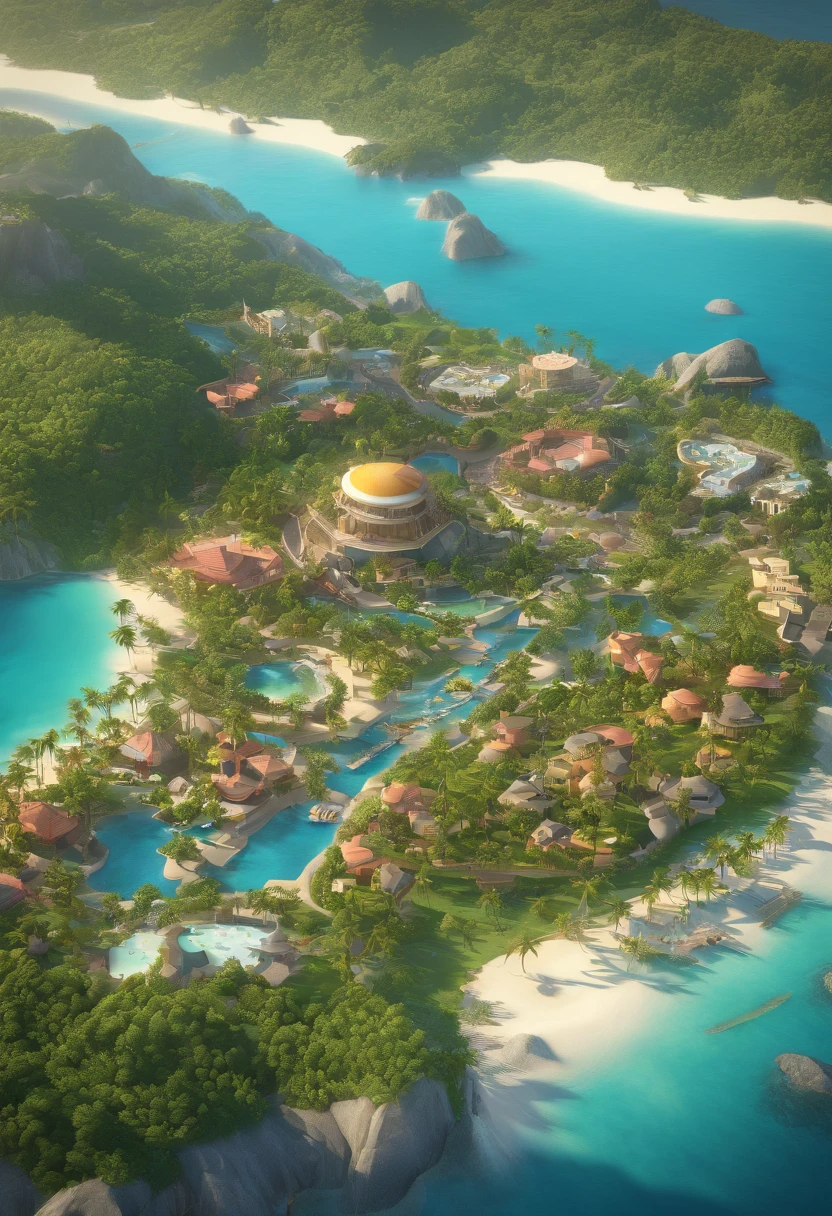 Isla tropical toma aerea con: puerto,crucero,centro comercial y varios edificios de tipo resort. Another island with a skull-shaped mountain, palmeras y un puente que conecte las islas