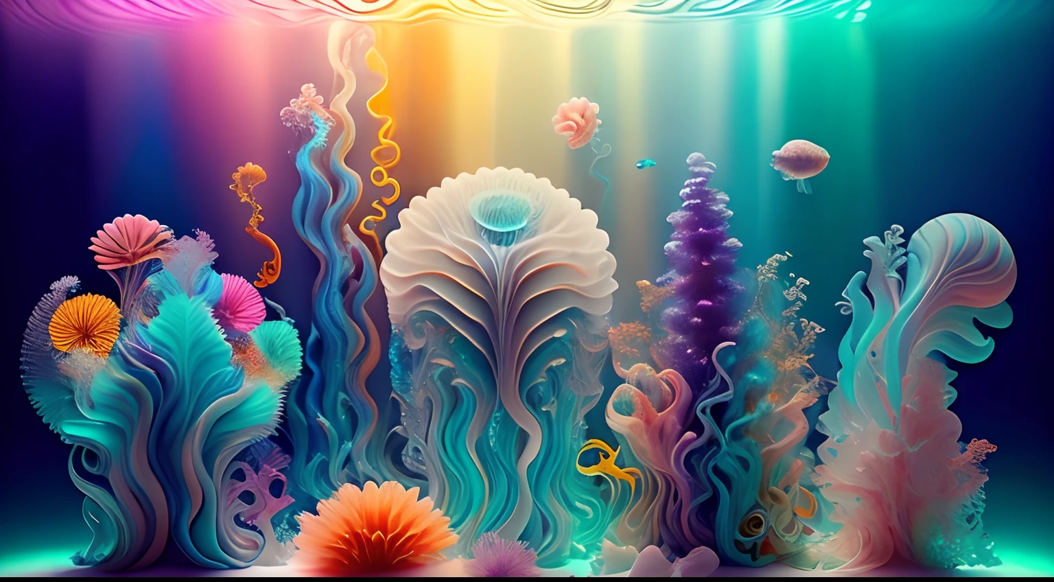 medusas bioluminiscentes flotando en la profundidad del oceano, llevadas por la corriente. Colores fluidos, translucidos , fosforescentes, de colores brillantes, colores radiantes, psicodelicos,iluminan el entorno oscuro con su fosforescencia, sensacion de movimientos fluidos , arremolinados, movimiento de los tentaculos de acuerdo al arte de los fluidos en movimiento,obra maestra, Beautiful psychedelic entropy