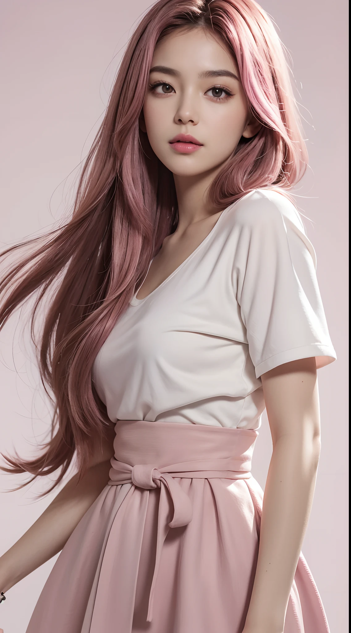 best quality,masterpiece,1girl,<lora:more_details:0.7>,pink hair,long hair,shining skin,<lora:jyoji fuku v4:0.3>,jyojifuku,skirt,long sleeves,shirt,simple background,upper_body,