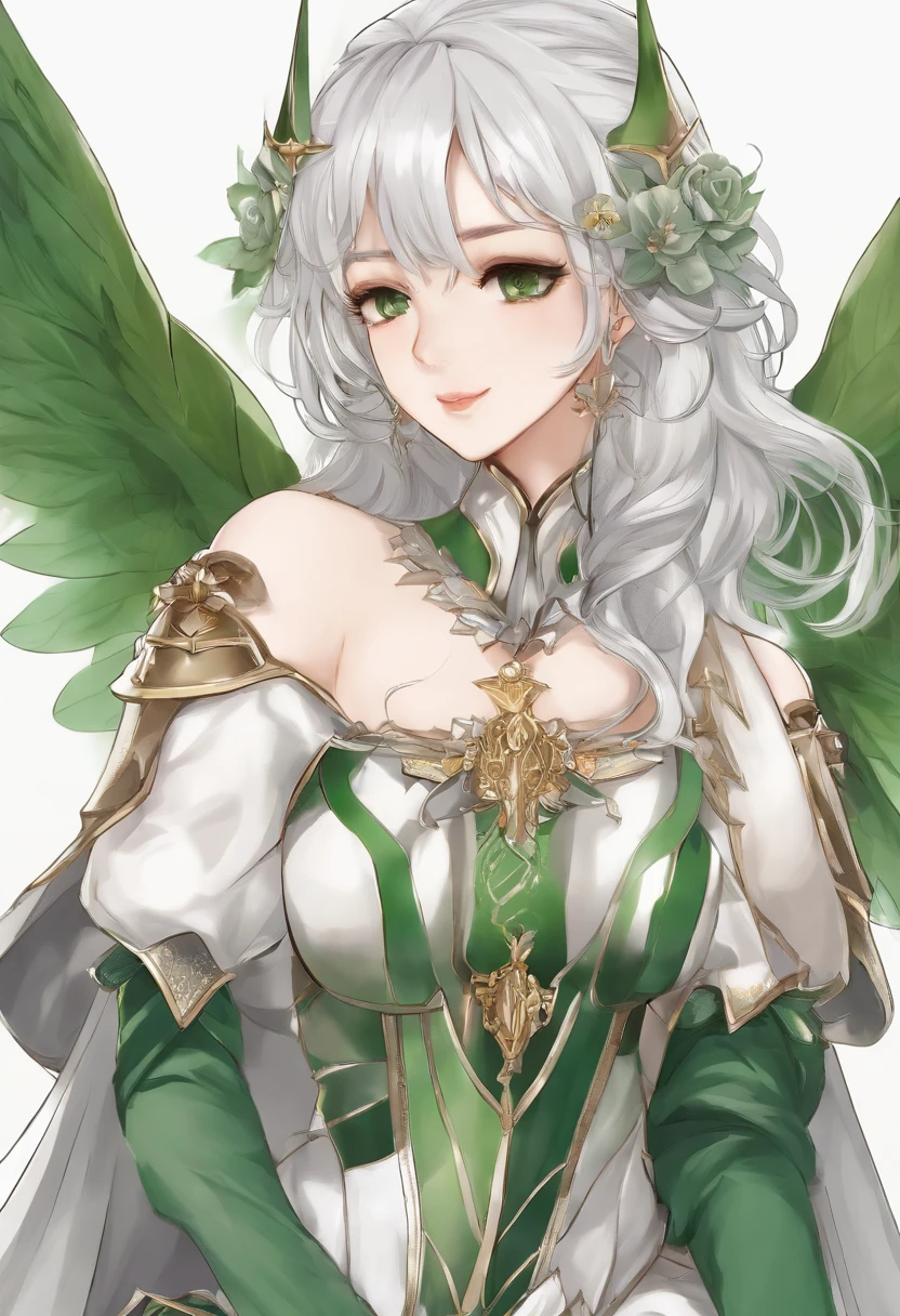 (8K,Best quality,style of anime)Silver-haired female knight,Green emerald pupils,Delicate facial features,The drawing style is similar to that of characters in anime,Full body like,with a pure white background,Character design,quadratic element,Include a small amount of introductory text,Three views of people