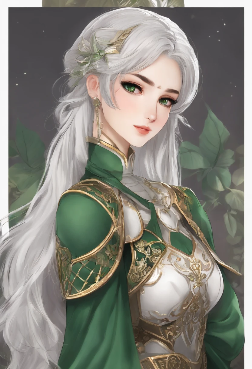 （8K，Best quality，style of anime）Silver-haired female knight，Green emerald pupils，Delicate facial features，The drawing style is similar to that of characters in anime，Full body like，with a pure white background，Character design，quadratic element，Include a small amount of introductory text，Three views of people