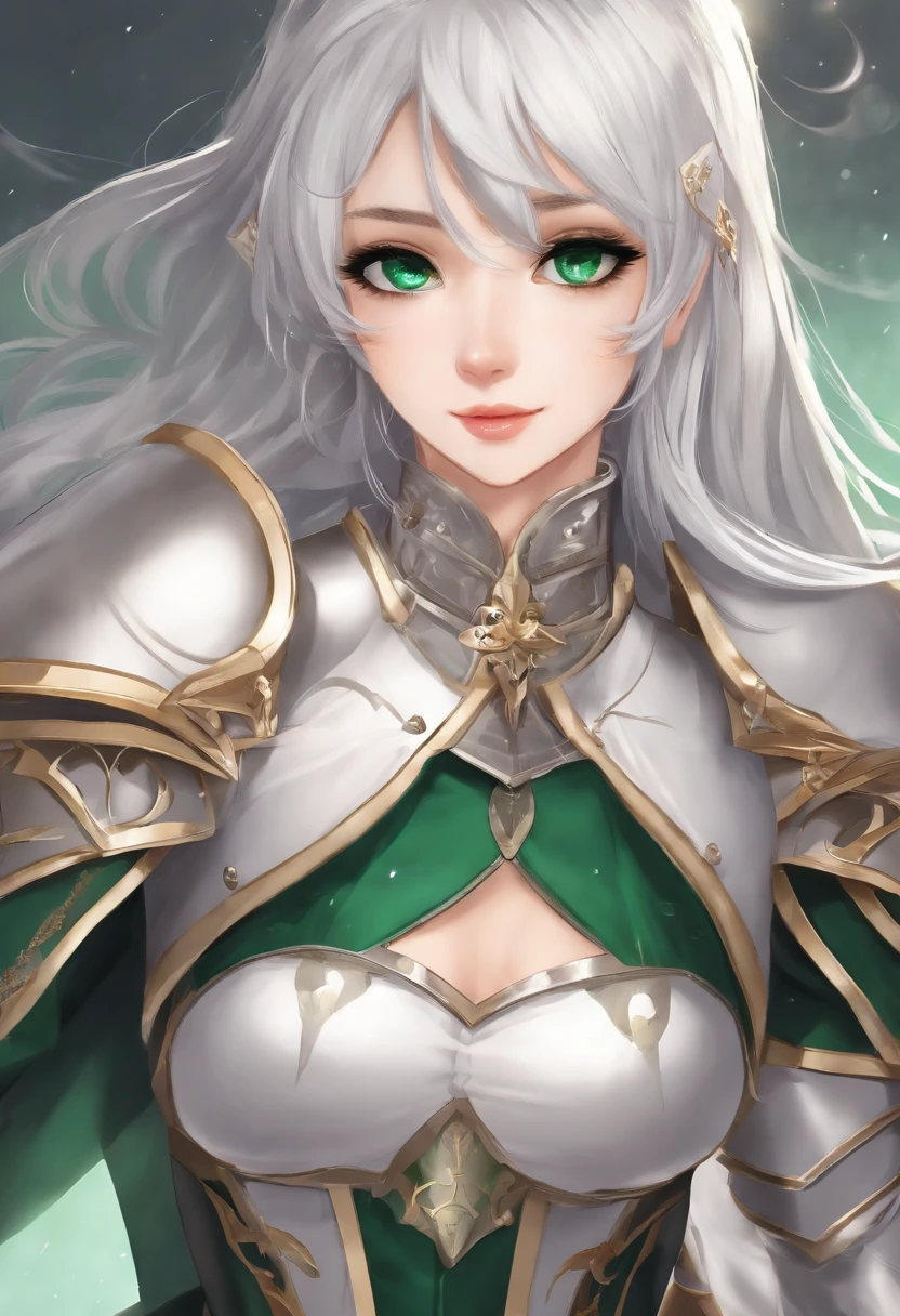 （8K，Best quality，style of anime）Silver-haired female knight，Green emerald pupils，Delicate facial features，The drawing style is similar to that of characters in anime，Full body like，with a pure white background，Character design，quadratic element，Include a small amount of introductory text，Three views of people