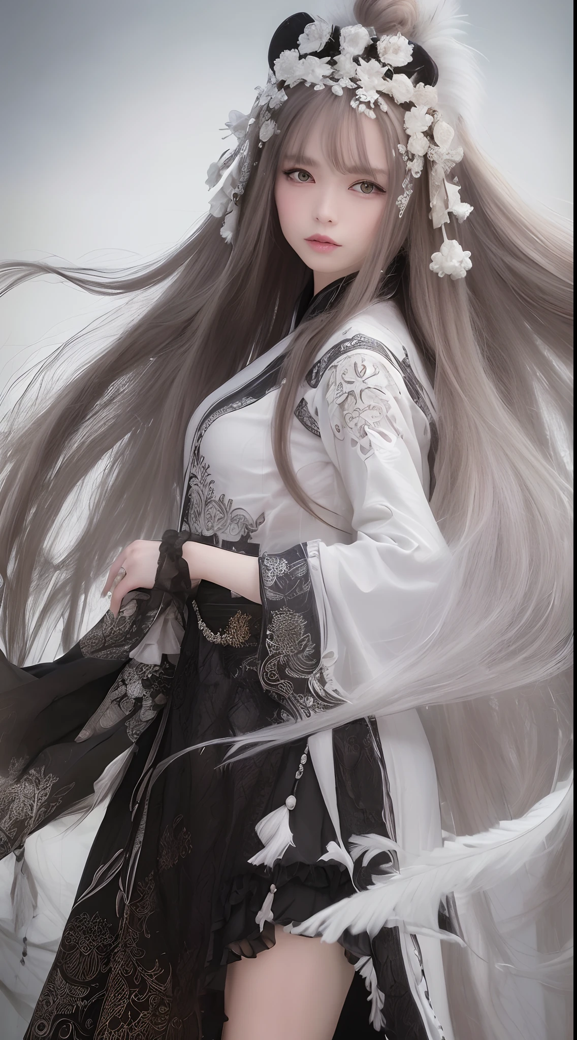 (Best quality,4K,high resolution,Masterpiece:1.2), Ultra-detailed, Photorealistic, Black and white hanfu with black embroidery, Elegant white ponytail, long and flowing hair, White mask, The mask flutters in the wind, Fringed Hair Ornament, Peony flower, Ancient wind, oversized sleeves, Dynamic posing, Dramatic composition, Falling petals, red waistband, intricate background, Ancient architecture, A thin mist and thick clouds, Swirling clouds, Cinematic lighting, Complex feather background.