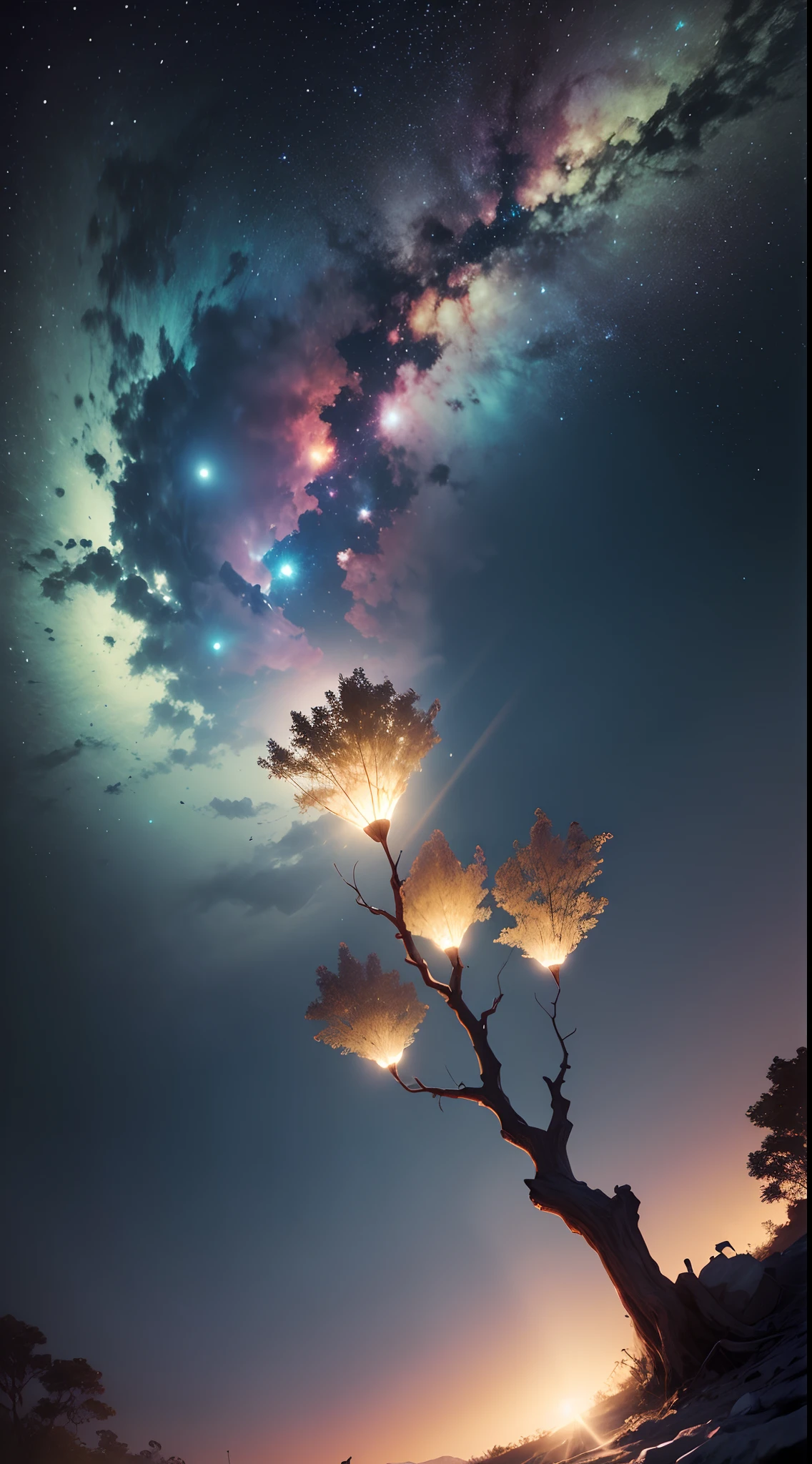fotografia de paisagem expansiva, (a view from below that shows the sky above and the open field below), 1boy nas nuvens , (lua cheia: 1.2), (estrelas cadentes: 0.9), (nebulosa: 1.3), montanha distante , BREAK tree production art, (fonte de luz quente: 1.2), (Firefly: 1.2), lamp, muito roxo e laranja, detalhes complexos, volumetric lighting BREAK (obra-prima: 1.2), (melhor qualidade), 4k, ultradetalhado , (dynamic compositing: 1.4), detalhes coloridos altamente detalhados (cores iridescentes: 1.2), (bright illumination, Atmospheric Illumination), sonhador, magica, (solo: 1.2)