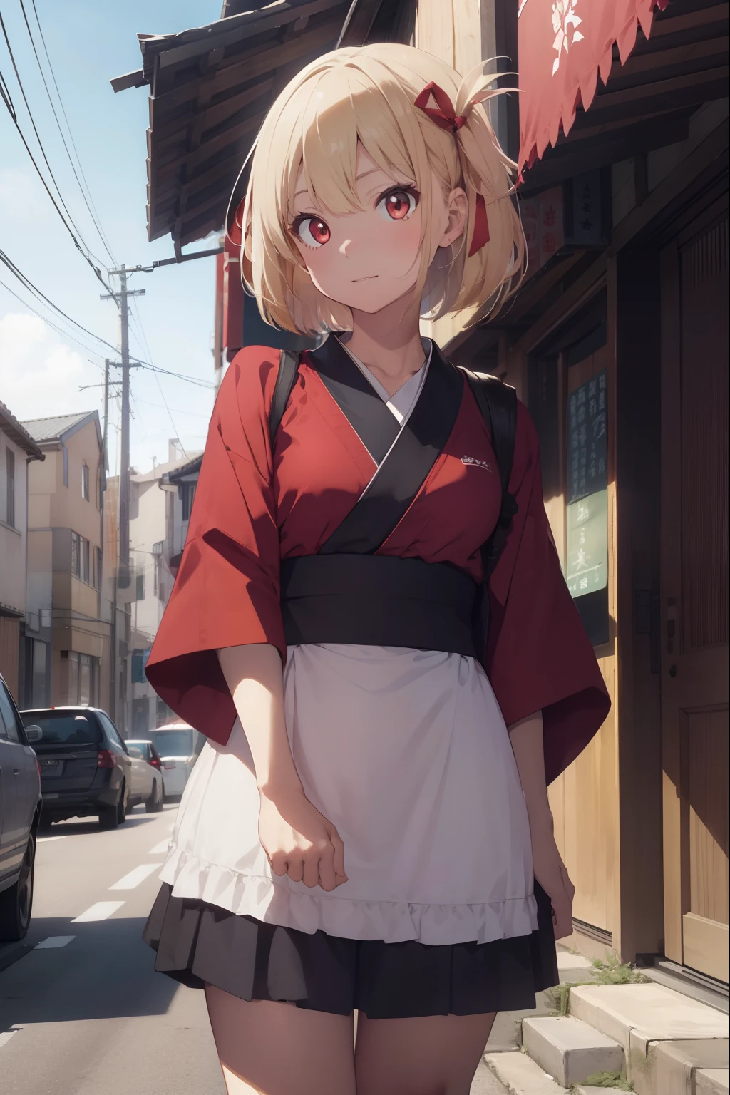 chisatonishikigi, nishikigi chisato, short hair, bangs, blonde hair, (red eyes:1.5), hair ribbon, one side up, bob cut,
BREAK japanese clothes, kimono, apron, red ribbon, waitress, red kimono,
BREAK outdoors, track and field,
BREAK looking at viewer, BREAK (masterpiece:1.2), best quality, high resolution, unity 8k wallpaper, (illustration:0.8), (beautiful detailed eyes:1.6), extremely detailed face, perfect lighting, extremely detailed CG, (perfect hands, perfect anatomy),