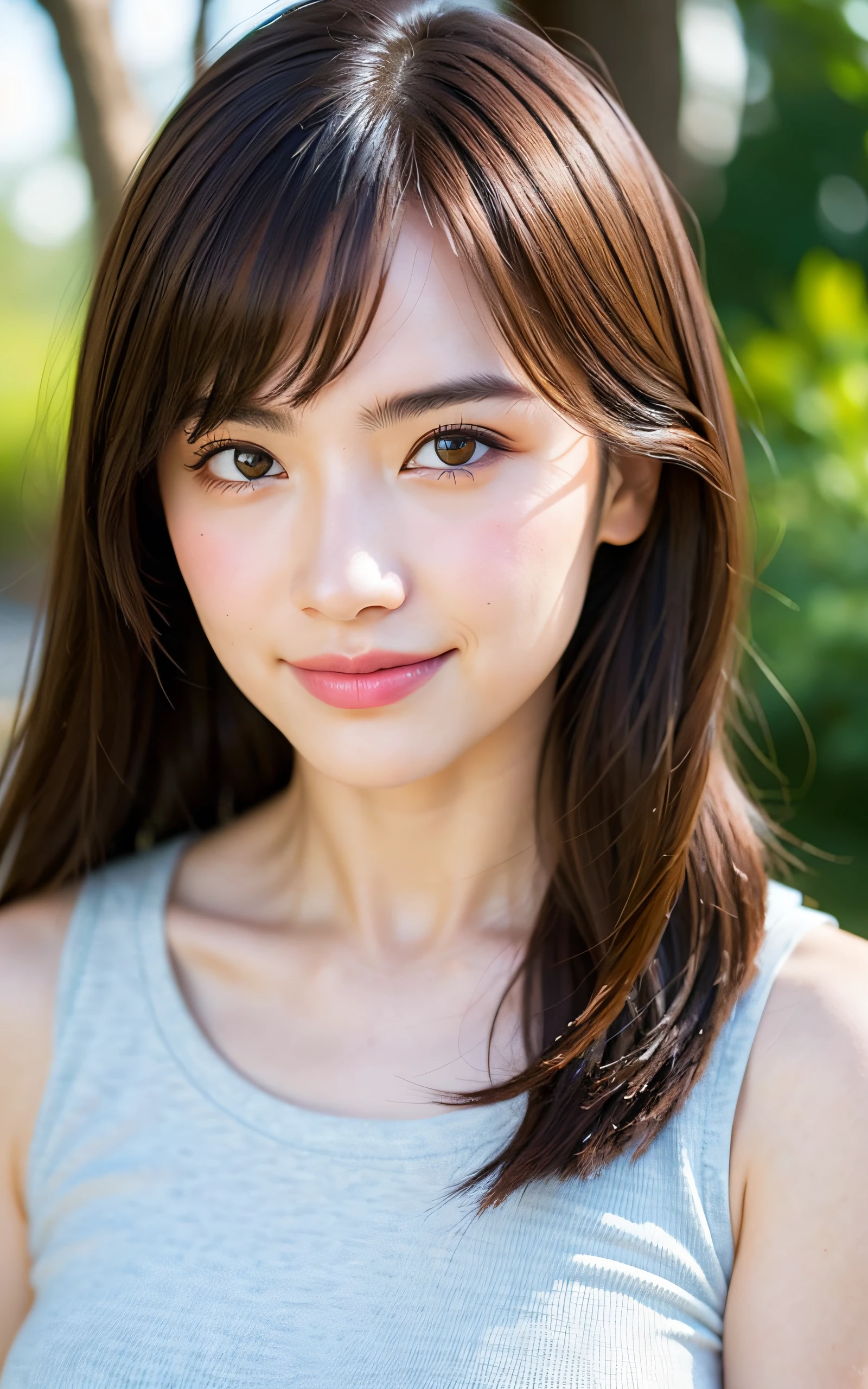 masterpiece, Best Quality, 8K, 1girl, Correct human hands, correct human fingers, japanese girl, face closeup, Cute, Girly, Delicate girl, Neat and clean beauty, medium breast, smile, luminescence, Looking away, Raw photo, F/1.8, 135 mm, NIKON, Anatomically correct, bokeh,Textured skin, Professional Photography, Portrait, Soft light, Professional Lighting, back light, Film grain, (Eyes and faces with detailed:1.0), brown hair, medium hair swaying in the wind, bangs, sleeveless top