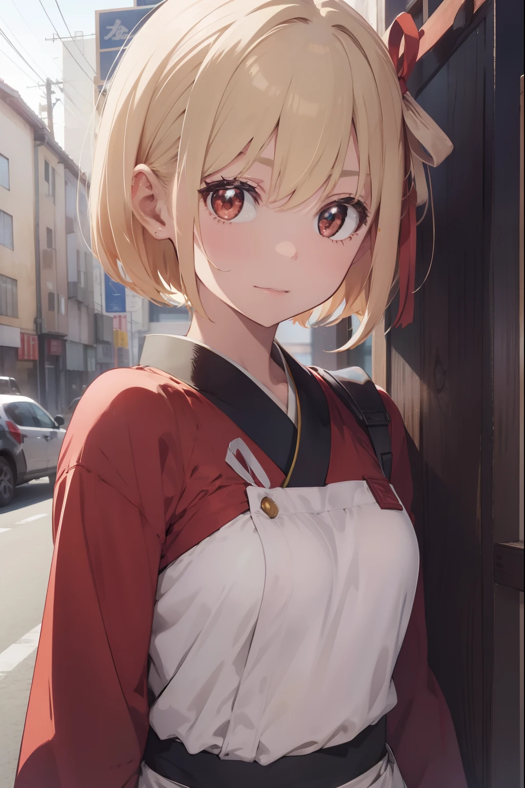 chisatonishikigi, nishikigi chisato, short hair, bangs, blonde hair, (red eyes:1.5), hair ribbon, one side up, bob cut,
BREAK japanese clothes, kimono, apron, red ribbon, waitress, red kimono,
BREAK outdoors, track and field,
BREAK looking at viewer, BREAK (masterpiece:1.2), best quality, high resolution, unity 8k wallpaper, (illustration:0.8), (beautiful detailed eyes:1.6), extremely detailed face, perfect lighting, extremely detailed CG, (perfect hands, perfect anatomy),