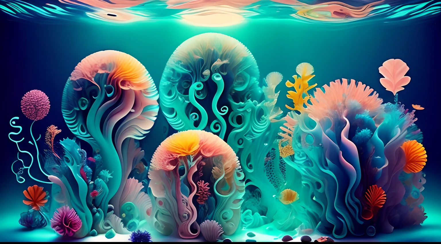 medusas bioluminiscentes flotando en la profundidad del oceano, llevadas por la corriente. Colores fluidos, translucidos , fosforescentes, de colores brillantes, colores radiantes, psicodelicos,iluminan el entorno oscuro con su fosforescencia, sensacion de movimientos fluidos , arremolinados, movimiento de los tentaculos de acuerdo al arte de los fluidos en movimiento,obra maestra, Beautiful psychedelic entropy