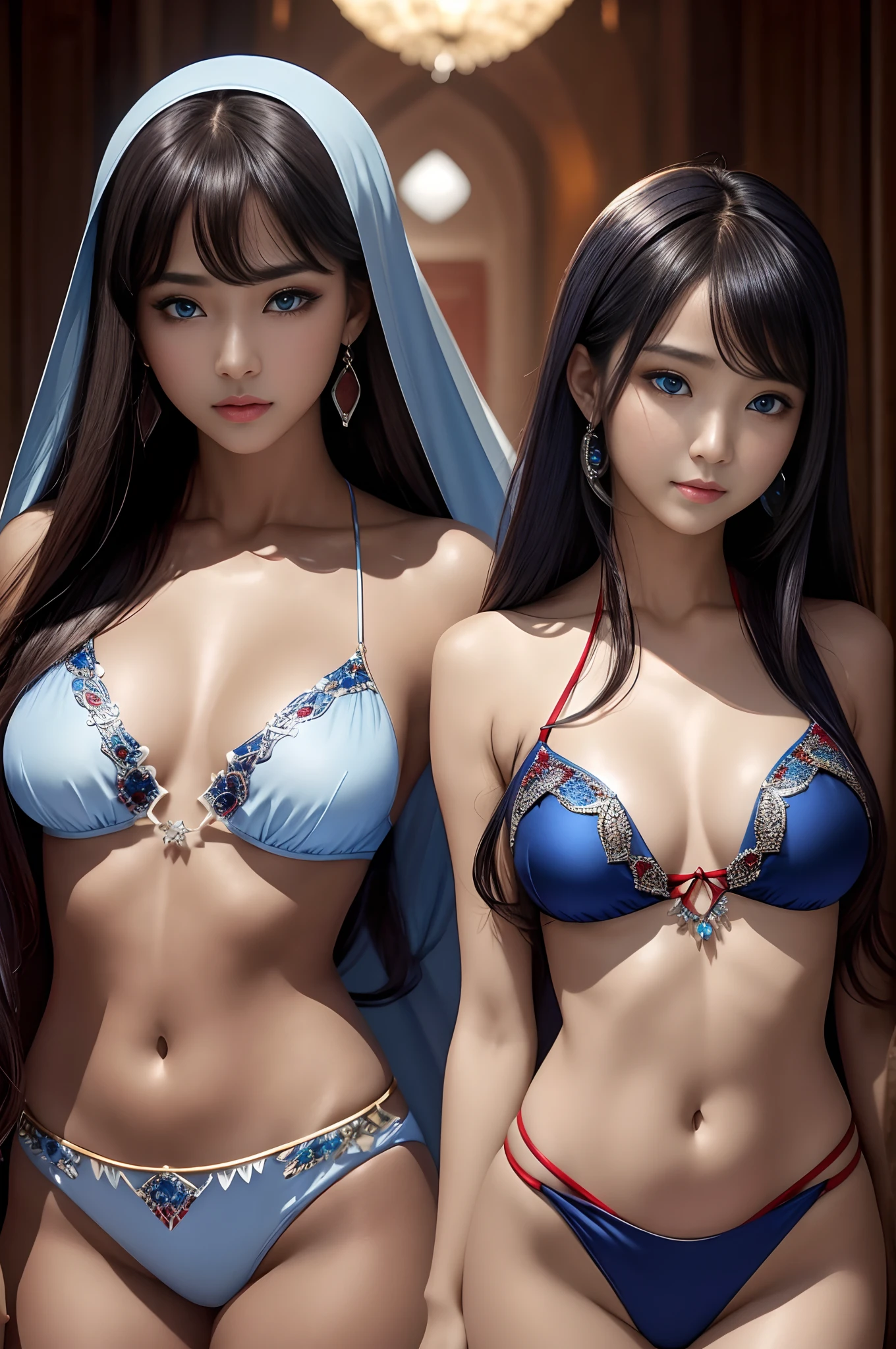 top-quality、Extremely Delicately Beautiful、(Blue and red odd eyes)、arabian clothes 、silber hair、femele、(Black bikini for lower body)、((Brown skin))